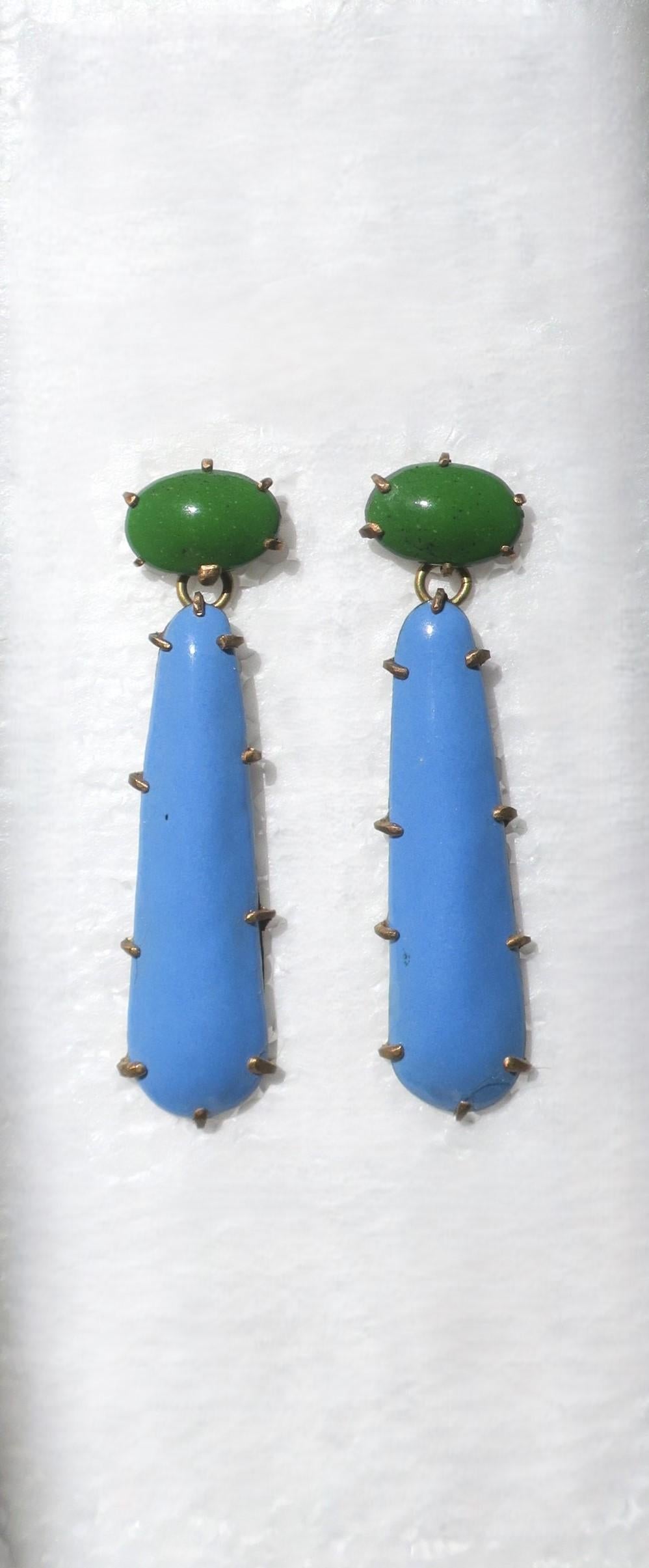 Women's or Men's Blue and Green Enamel Dangle Drop Earrings For Sale