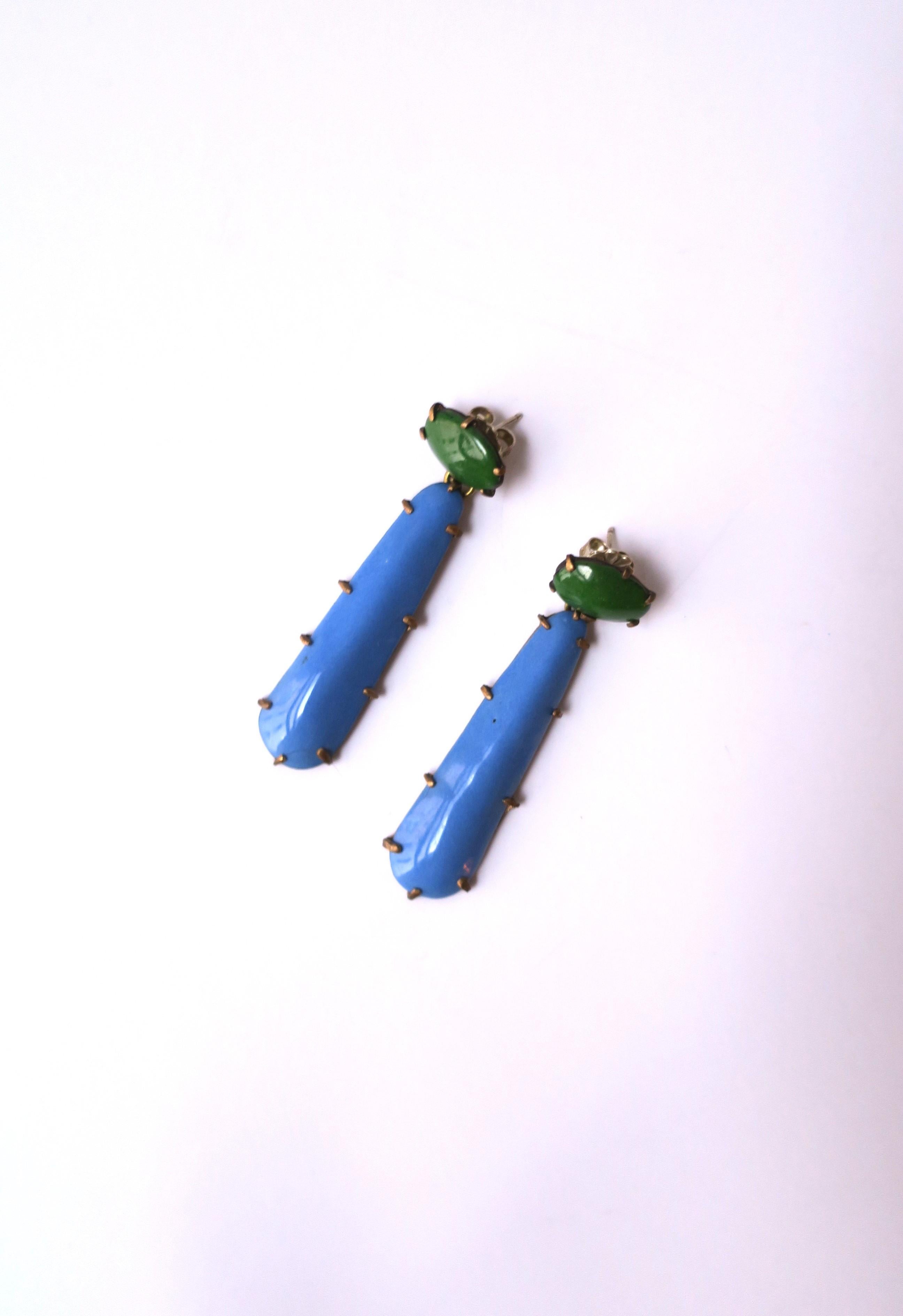 Blue and Green Enamel Dangle Drop Earrings For Sale 2