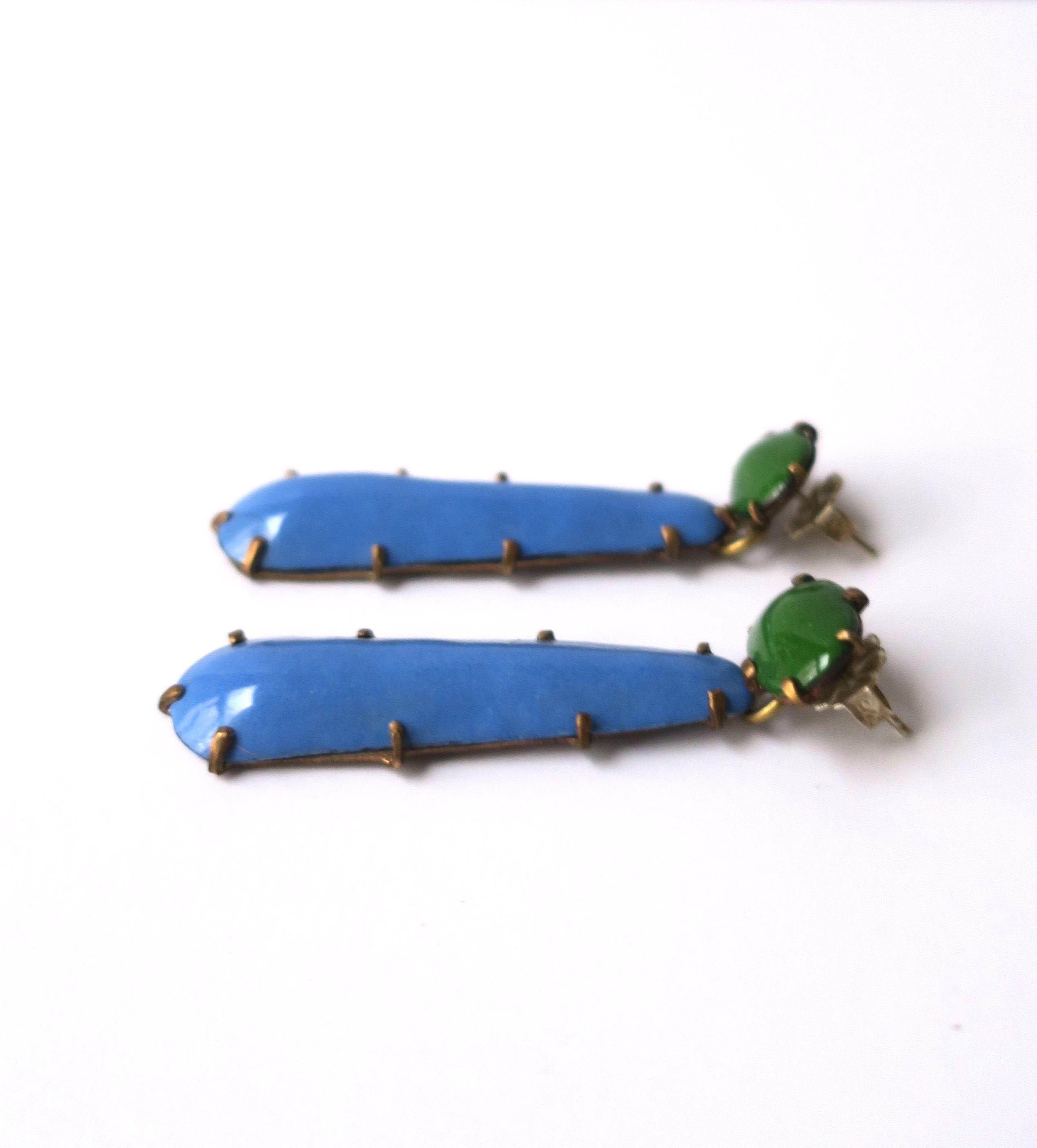 Blue and Green Enamel Dangle Drop Earrings For Sale 3