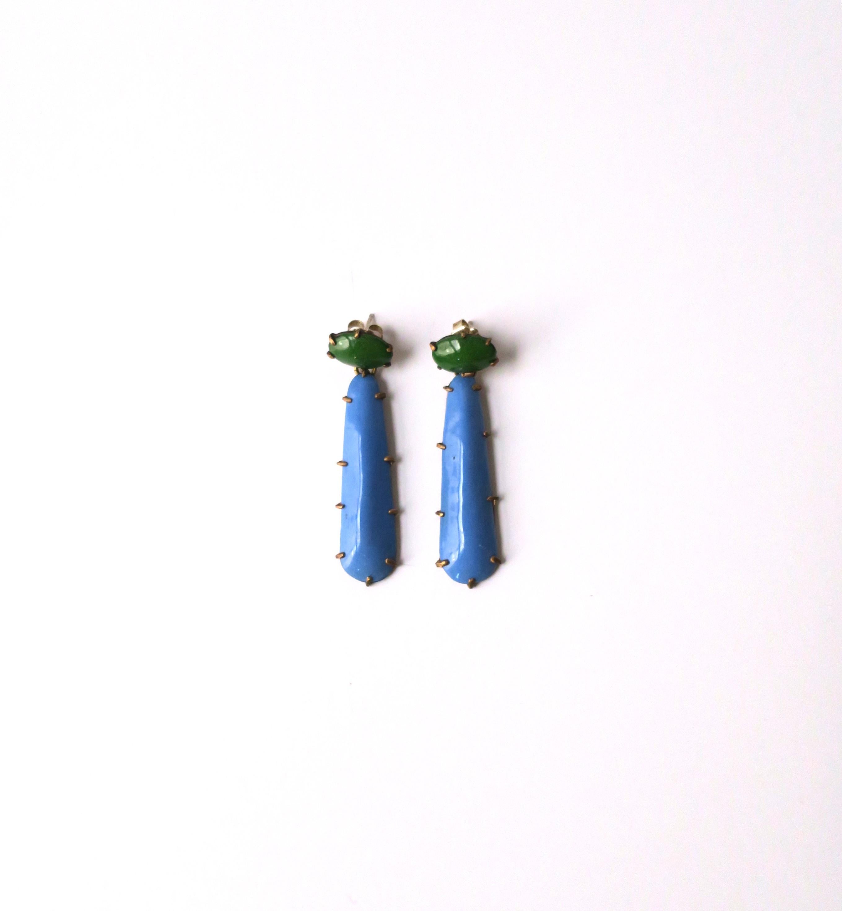 Blue and Green Enamel Dangle Drop Earrings For Sale 4