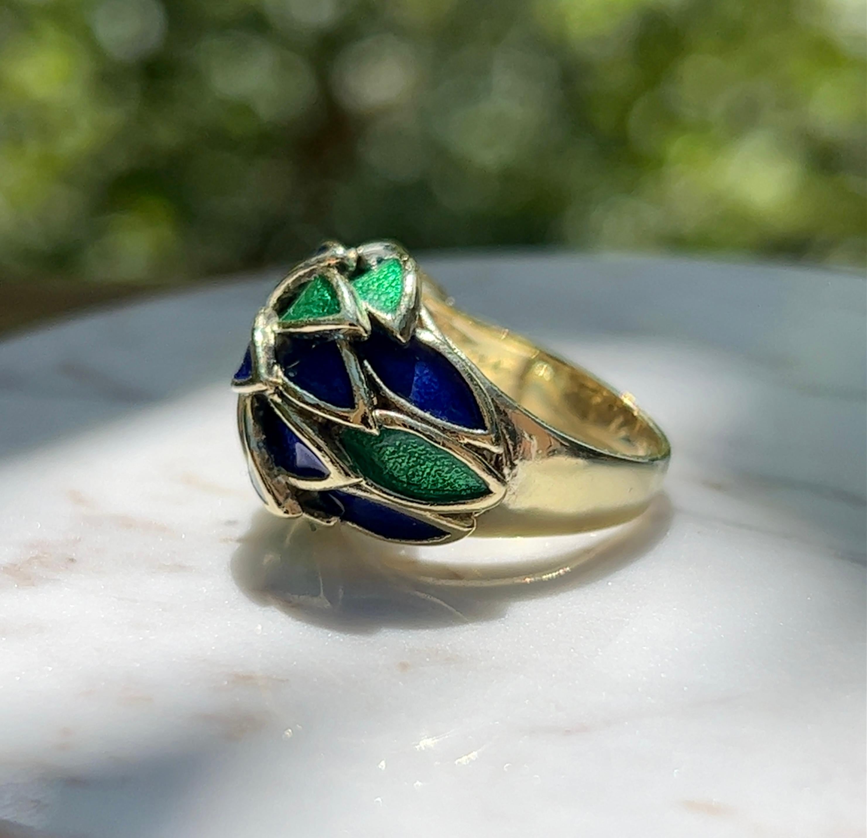 Contemporary Blue and Green Enamel Dome Ring in 18K Gold