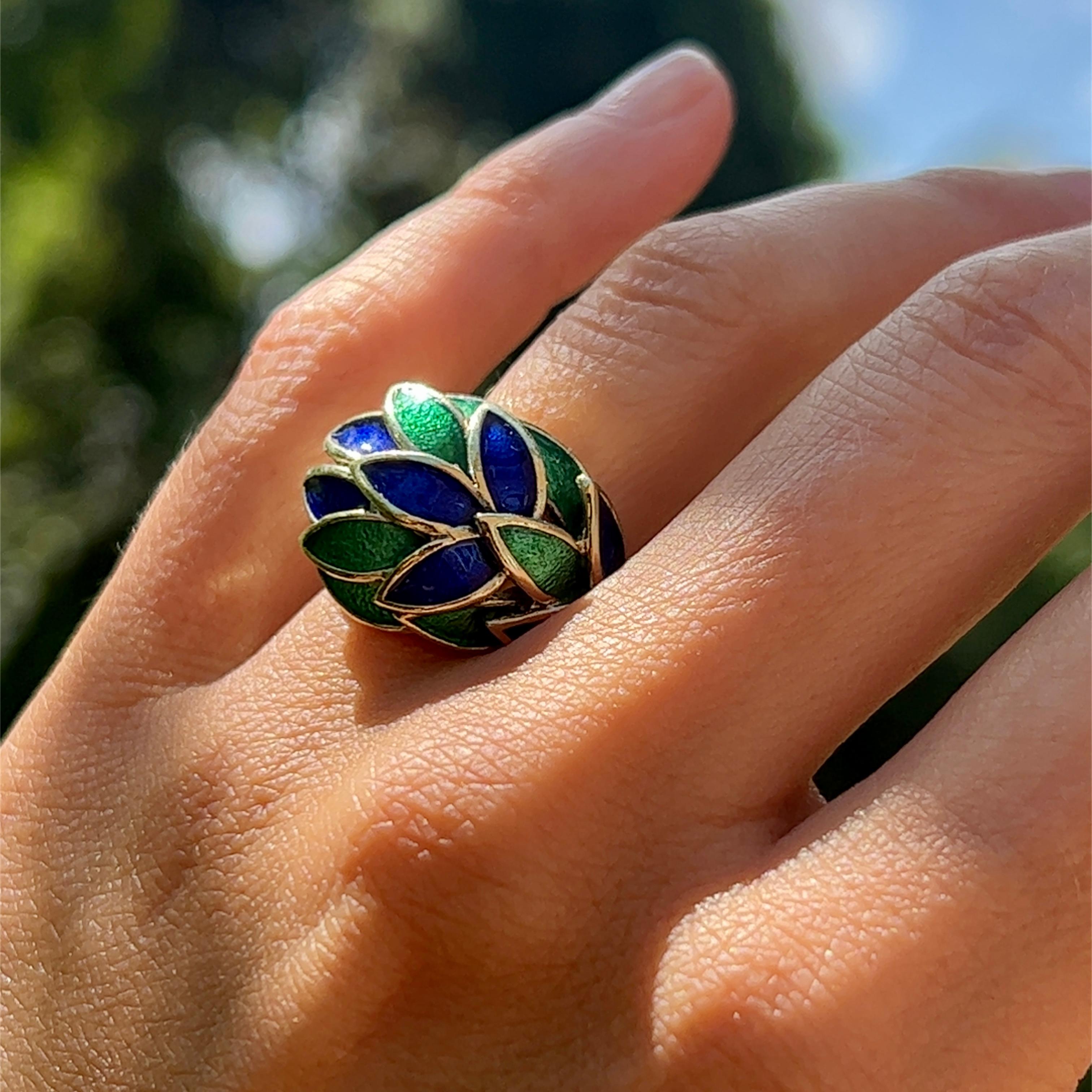 Women's or Men's Blue and Green Enamel Dome Ring in 18K Gold