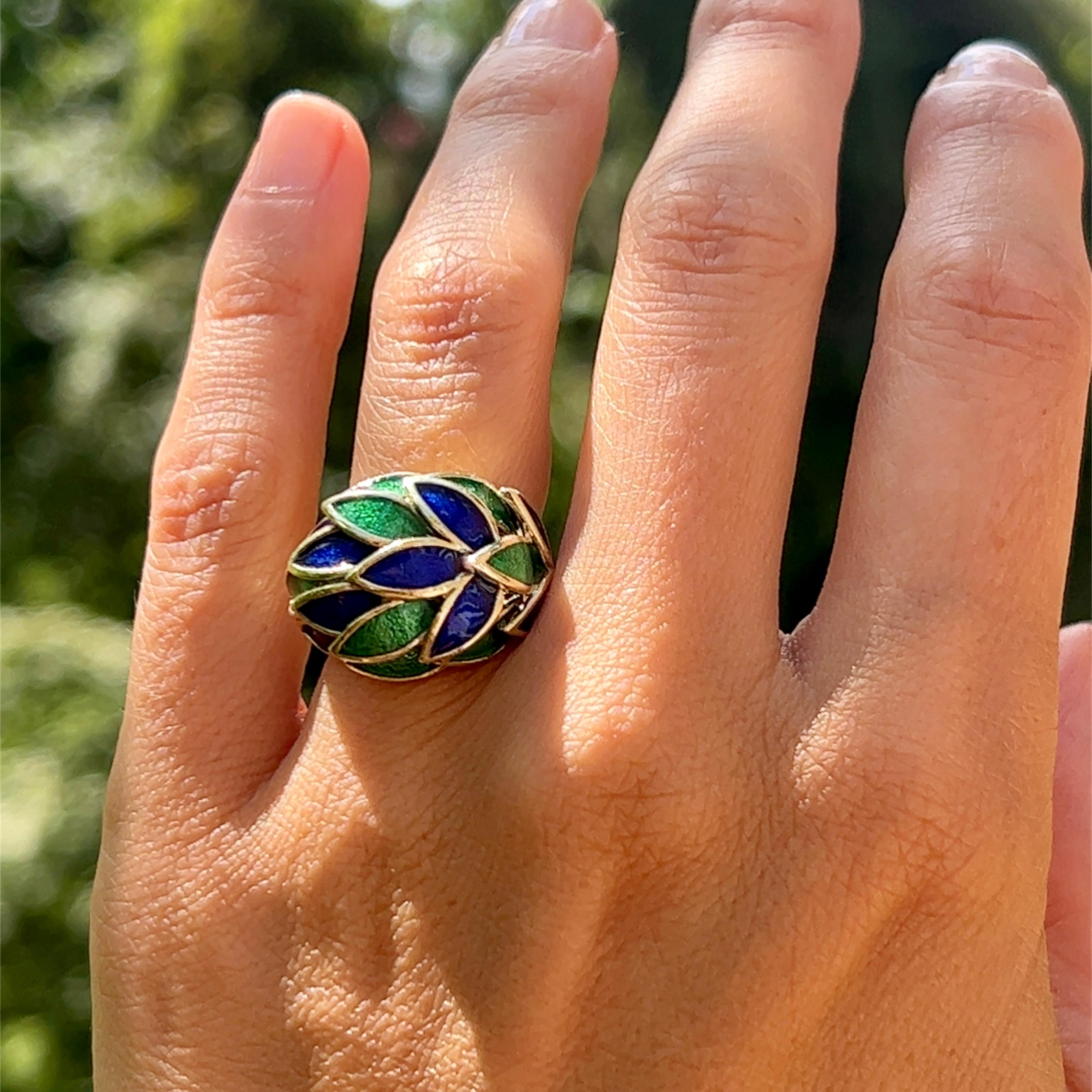Blue and Green Enamel Dome Ring in 18K Gold 1