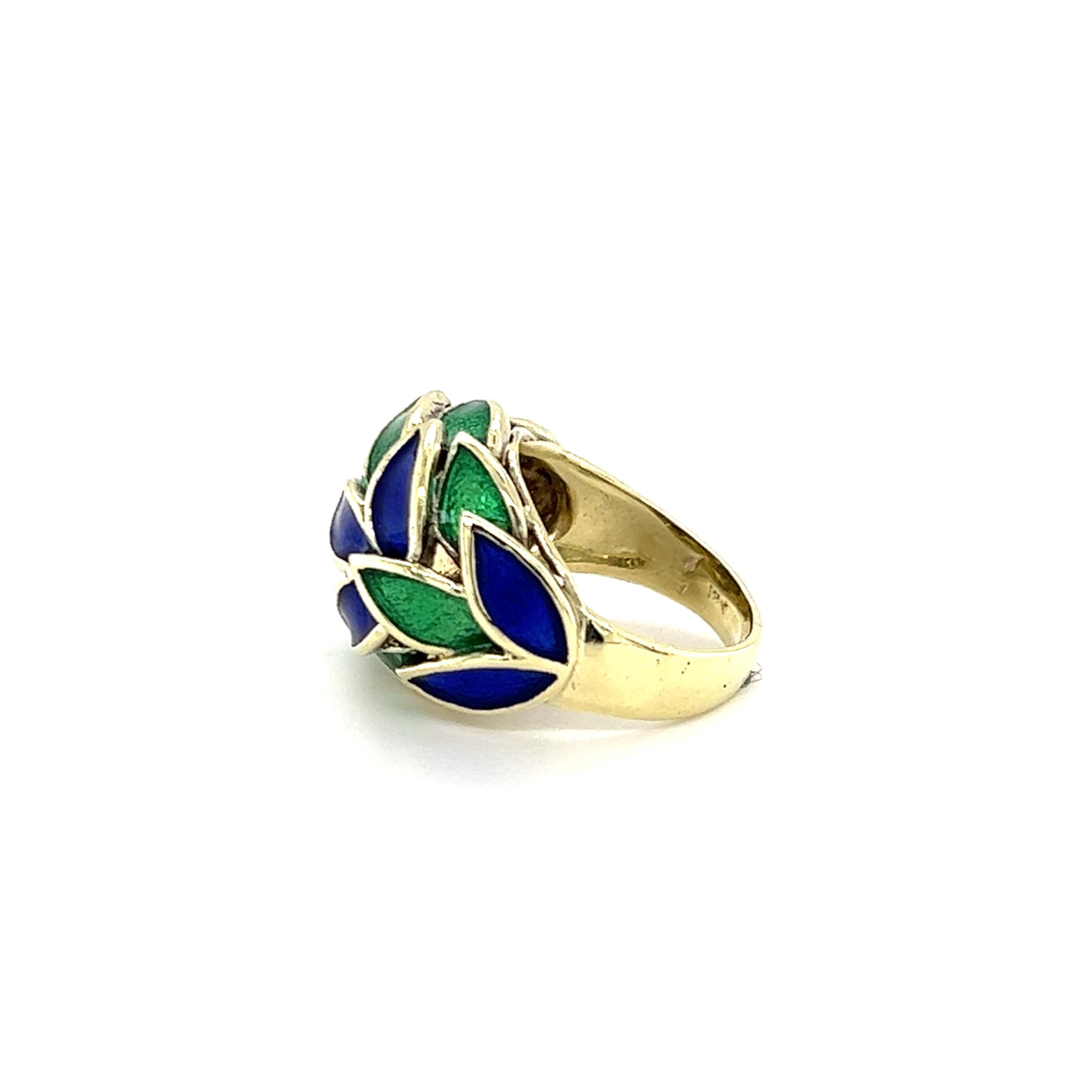 Blue and Green Enamel Dome Ring in 18K Gold 3