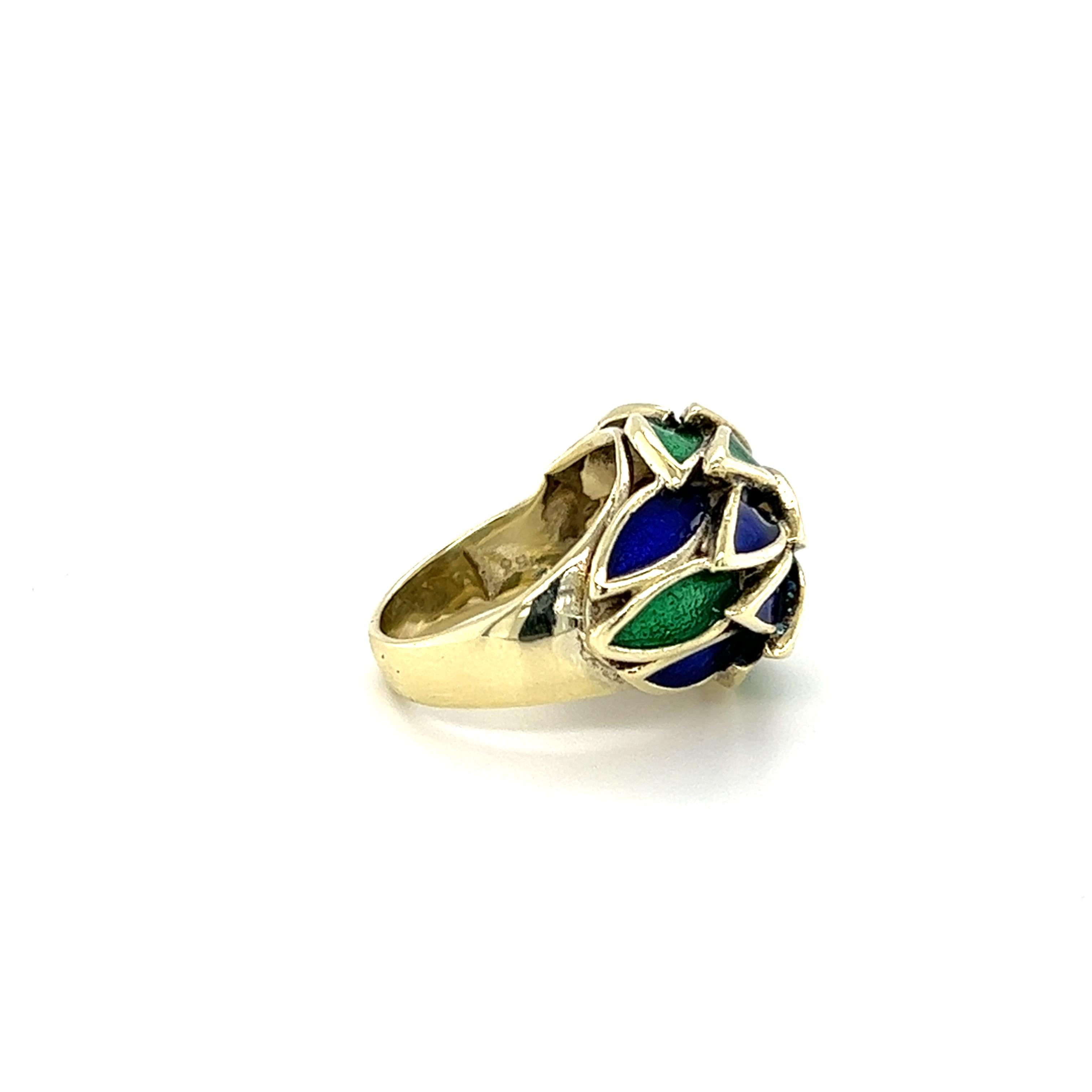 Blue and Green Enamel Dome Ring in 18K Gold 4