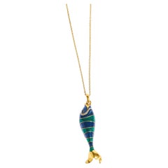 Blue and Green Enamel Fish Pendant Necklace