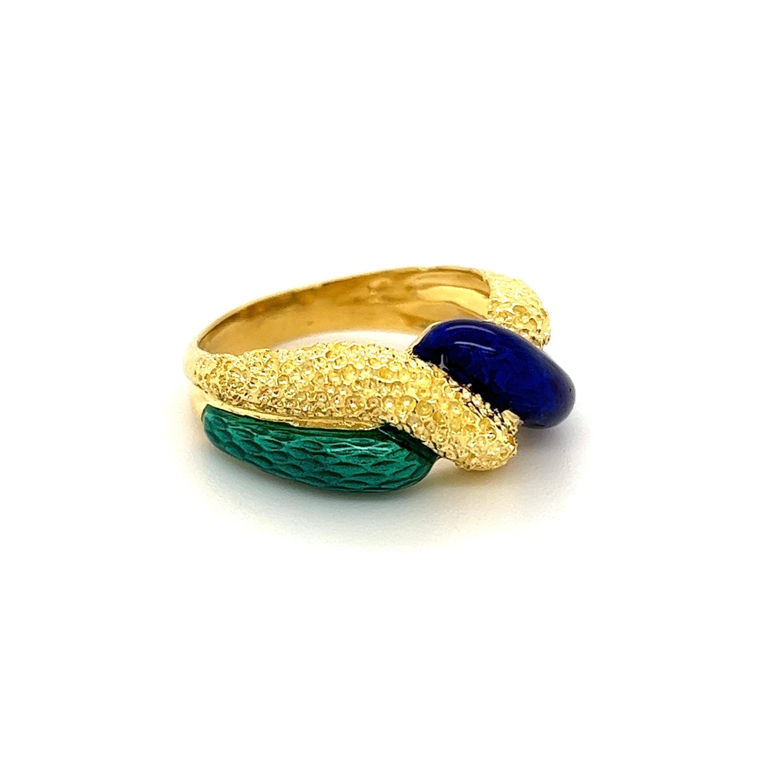 Simply Beautiful! Blue and Green Enamel Gold Twisted Ring Band Ring. Diamonds, Hand crafted in 18 Karat Yellow Gold. Measuring approx. 0.96” l x 0.87” w x 0.37” h. Ring size 7.5. The ring epitomizes vintage charm, ideal worn alone or as a lovely