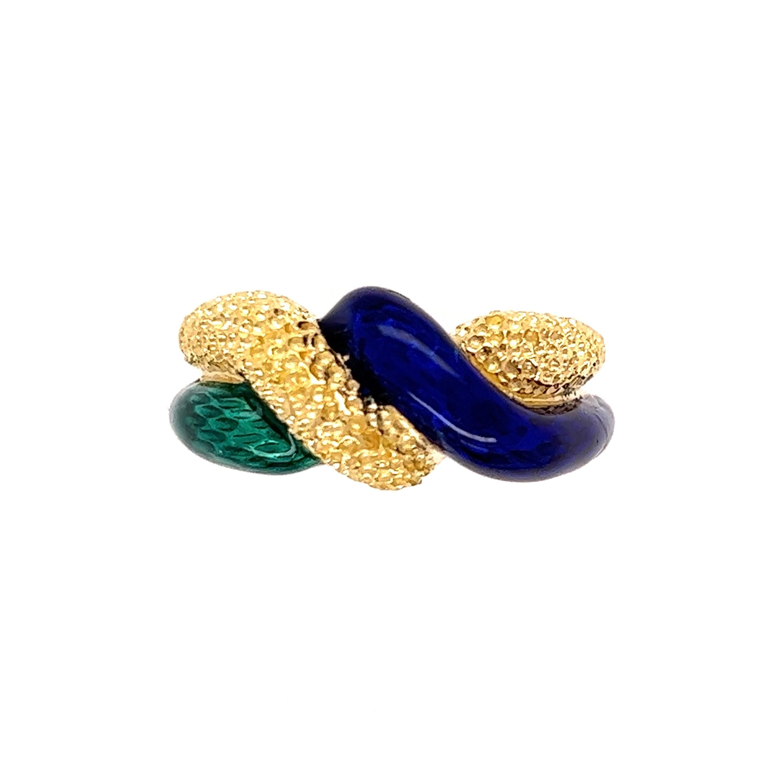 Modern Blue and Green Enamel Gold Twisted Band Ring For Sale