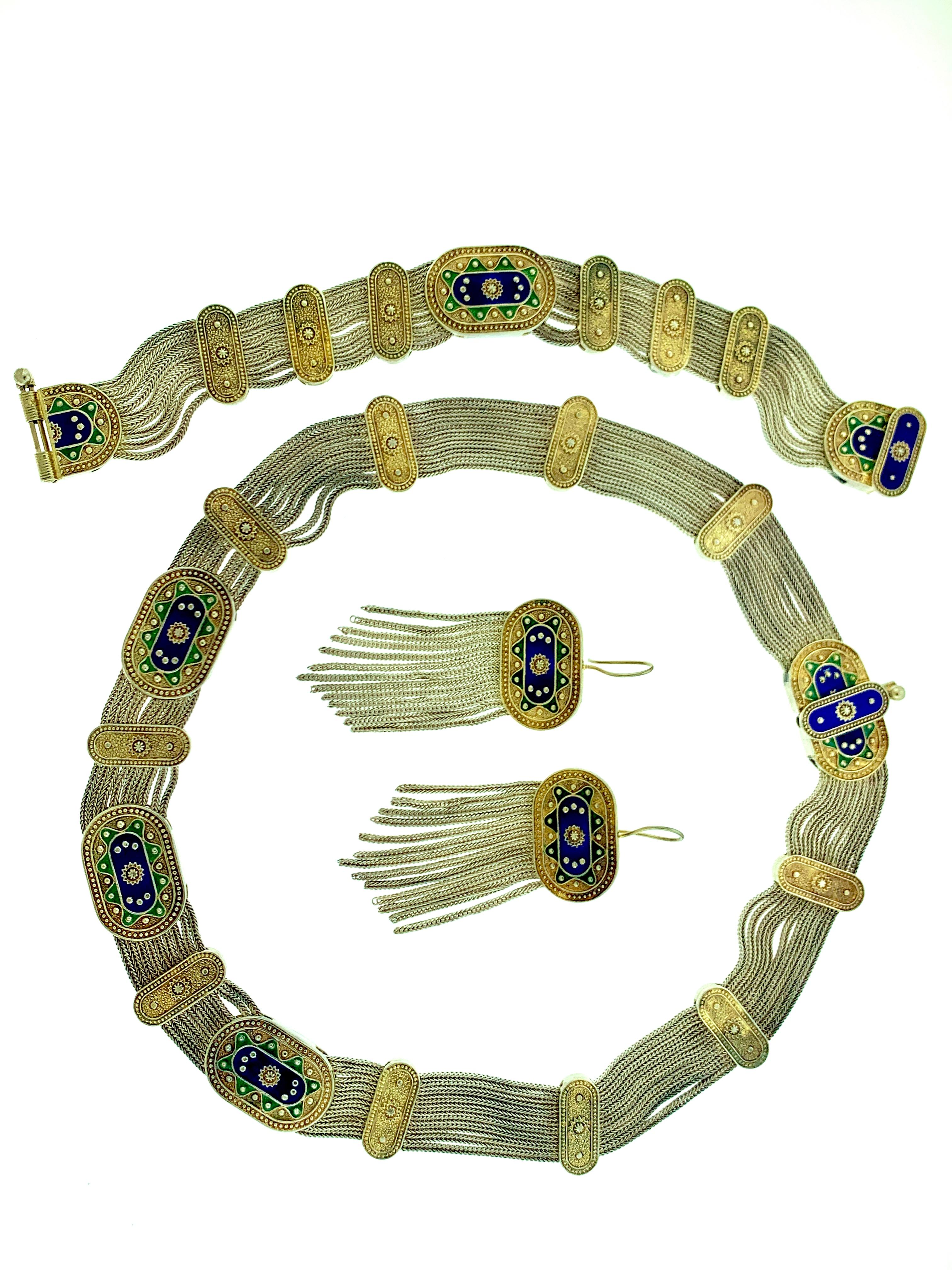 Blauer und grüner Emaille-Schmuck, Set aus Halskette, Armband und Ohrring Sterlingsilber im Zustand „Hervorragend“ im Angebot in New York, NY