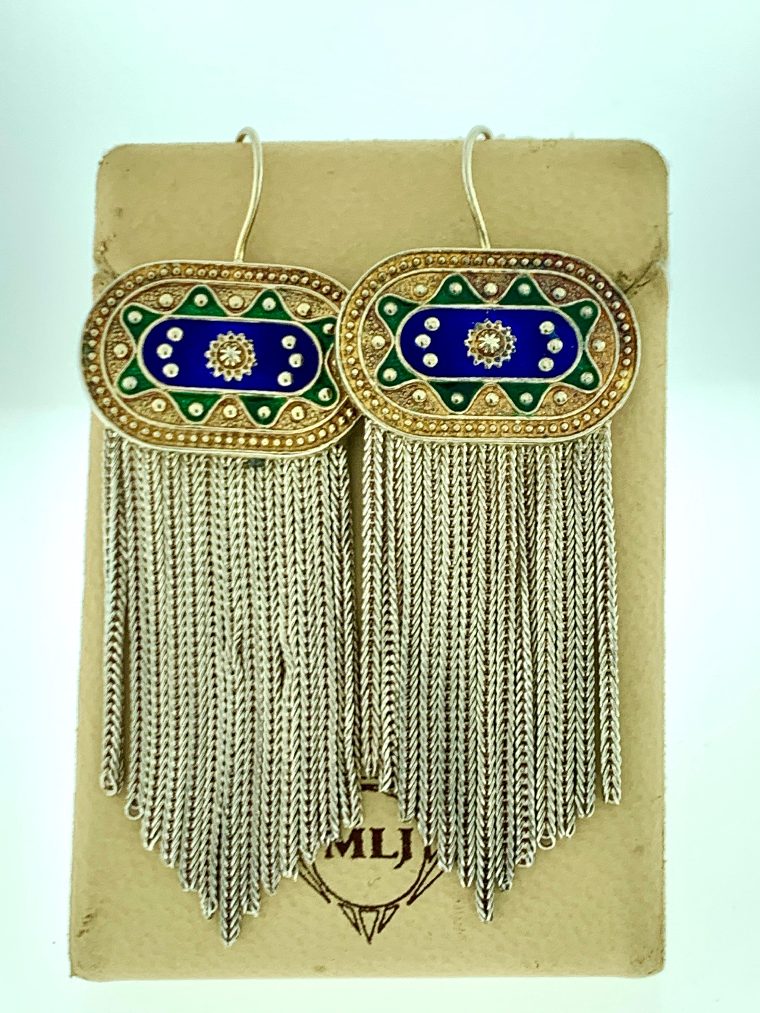 Blauer und grüner Emaille-Schmuck, Set aus Halskette, Armband und Ohrring Sterlingsilber Damen im Angebot