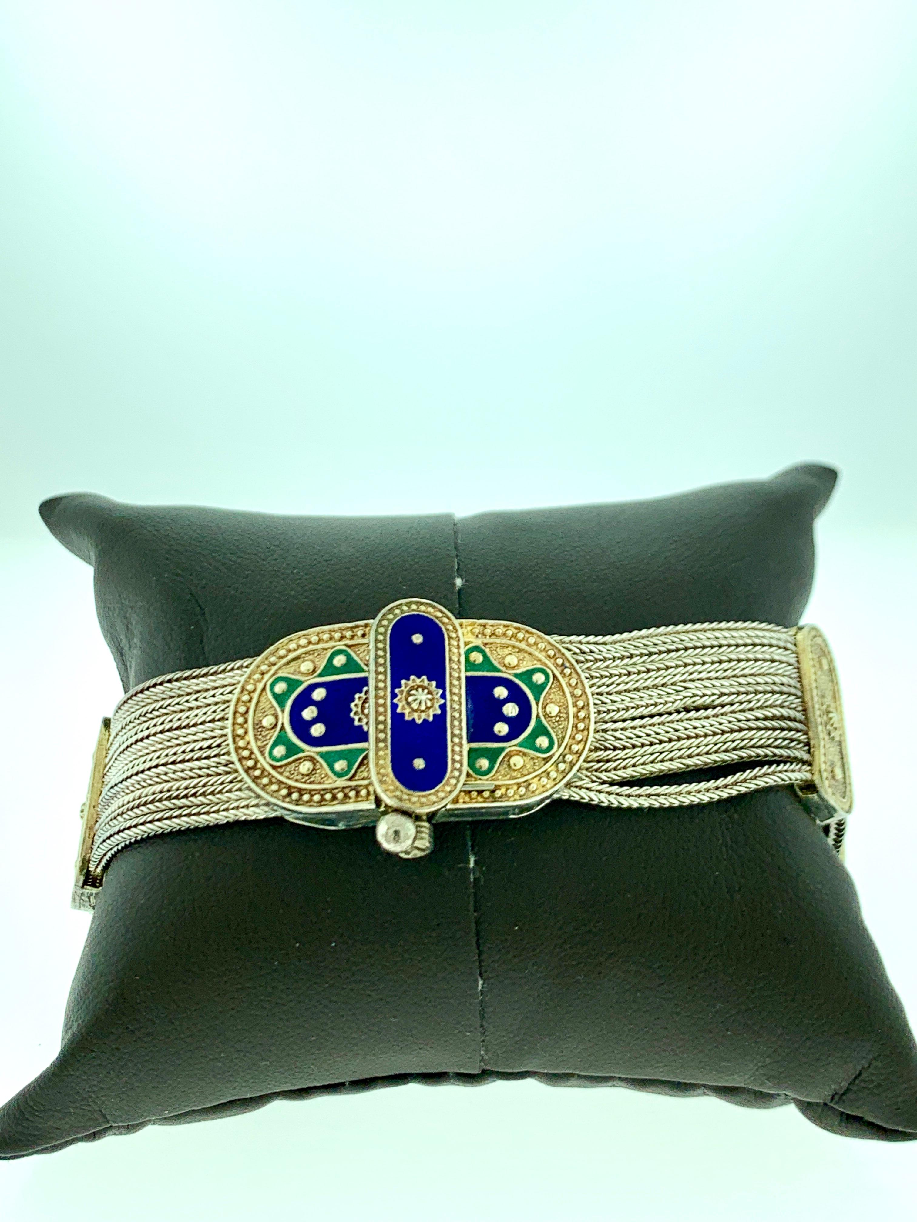 Blauer und grüner Emaille-Schmuck, Set aus Halskette, Armband und Ohrring Sterlingsilber im Angebot 4