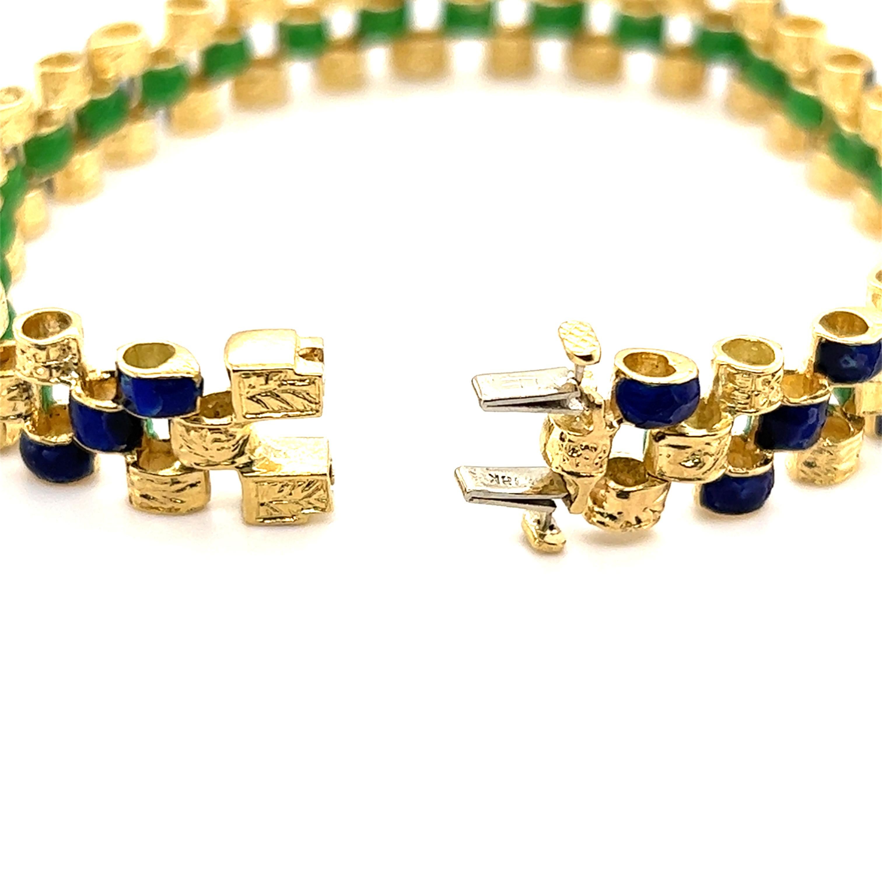 Reversibles Gliederarmband aus 18 Karat Gelbgold mit blauer und grüner Emaille für Damen oder Herren