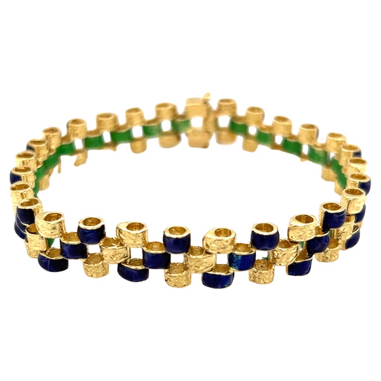 Blue and Green Enamel Reversible Link Bracelet in 18K Yellow Gold For
