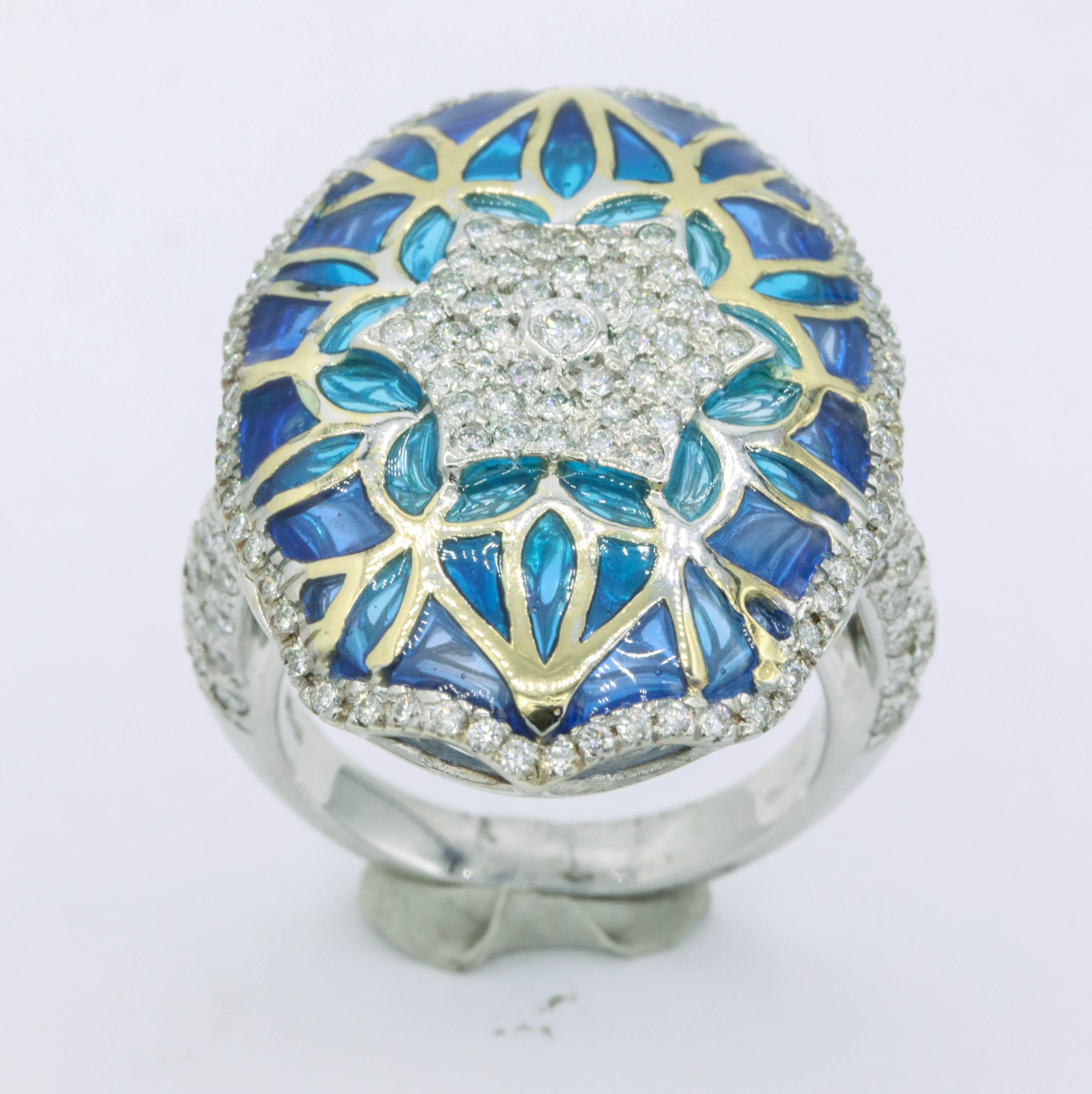 Contemporary Blue Green Enamel Floral Diamond Ring 1.24 Carats 18 Karat White Yellow Gold