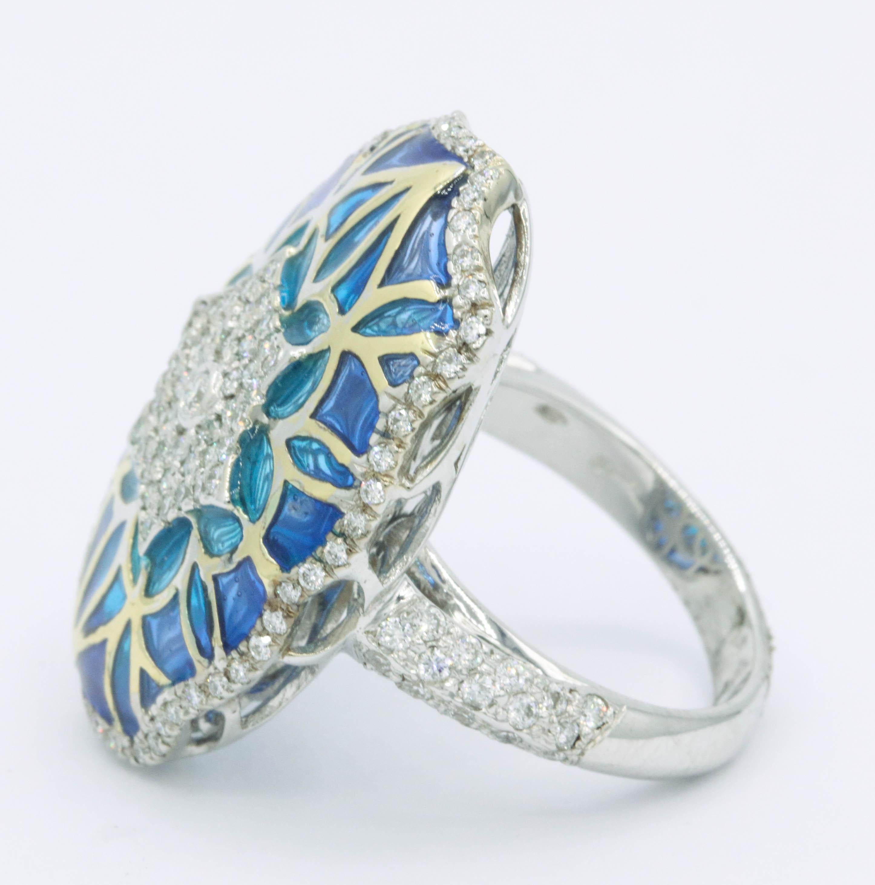 Round Cut Blue Green Enamel Floral Diamond Ring 1.24 Carats 18 Karat White Yellow Gold