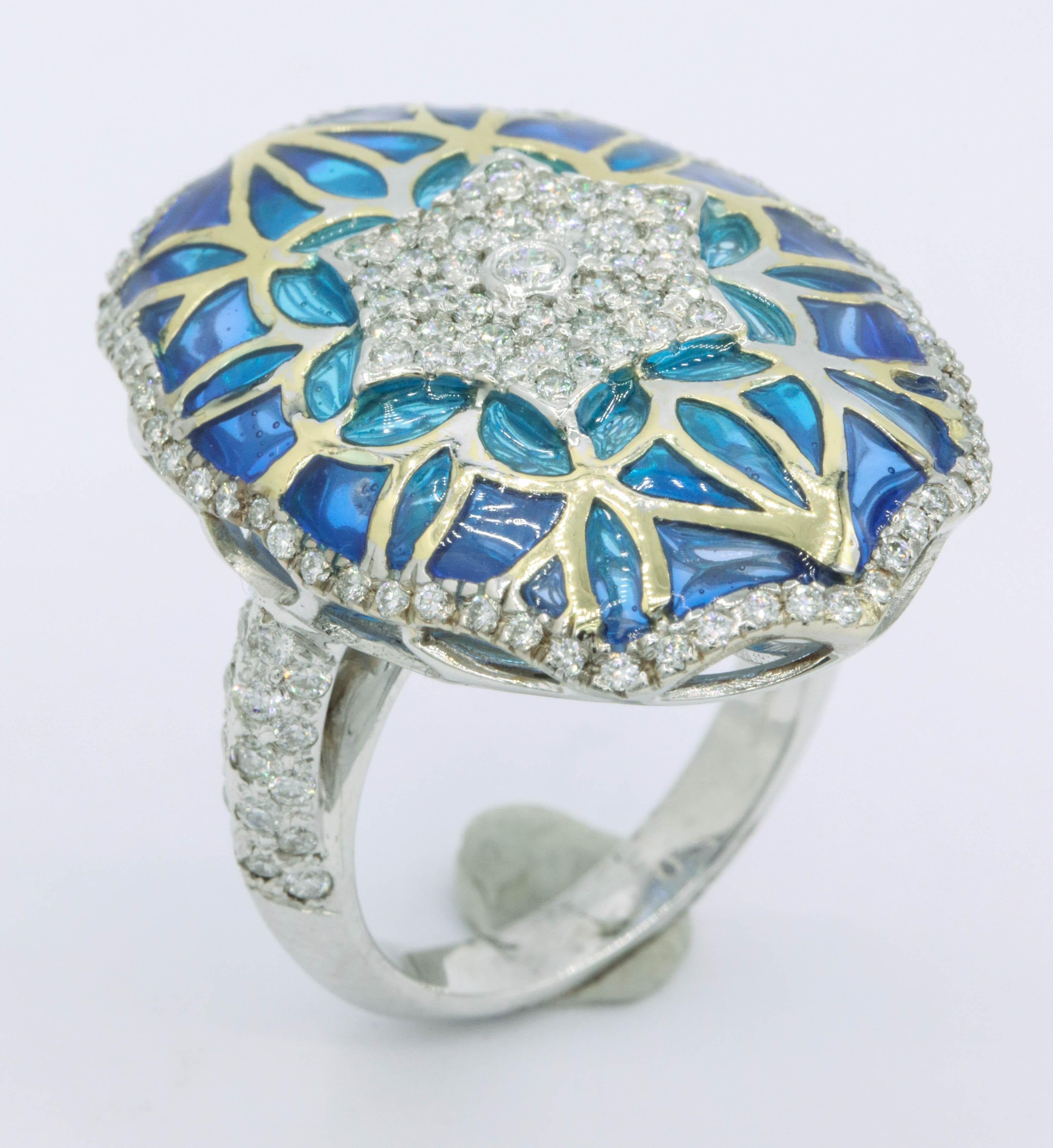 Women's Blue Green Enamel Floral Diamond Ring 1.24 Carats 18 Karat White Yellow Gold