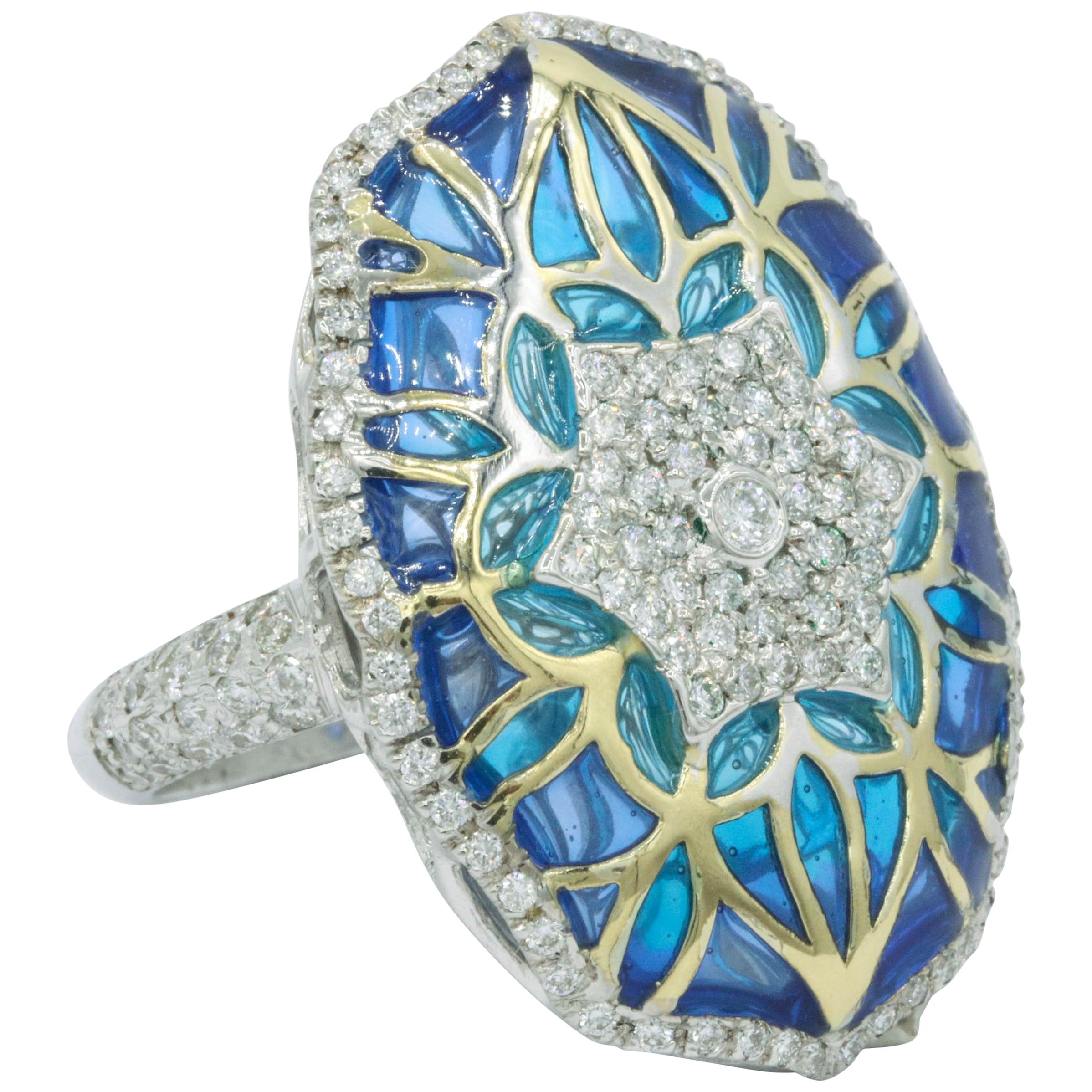 Blue Green Enamel Floral Diamond Ring 1.24 Carats 18 Karat White Yellow Gold