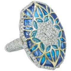 Blue and Green Enamel with Diamonds Fashion Ring