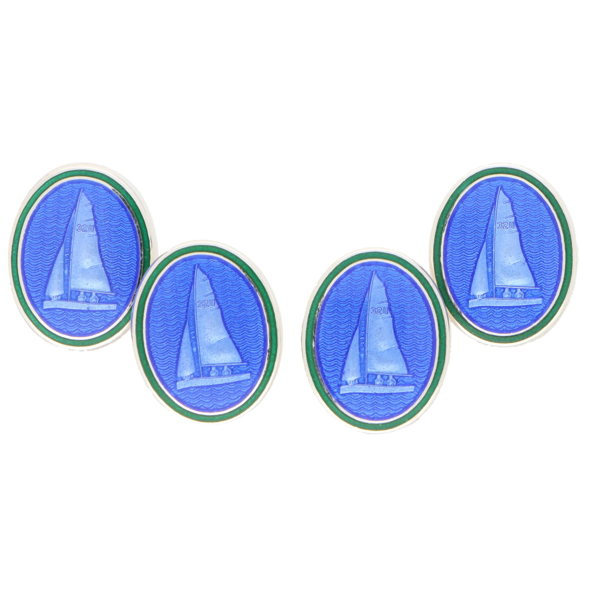 Modern Blue and Green Enamel Yacht Sailing Cufflinks in British Sterling Silver For Sale