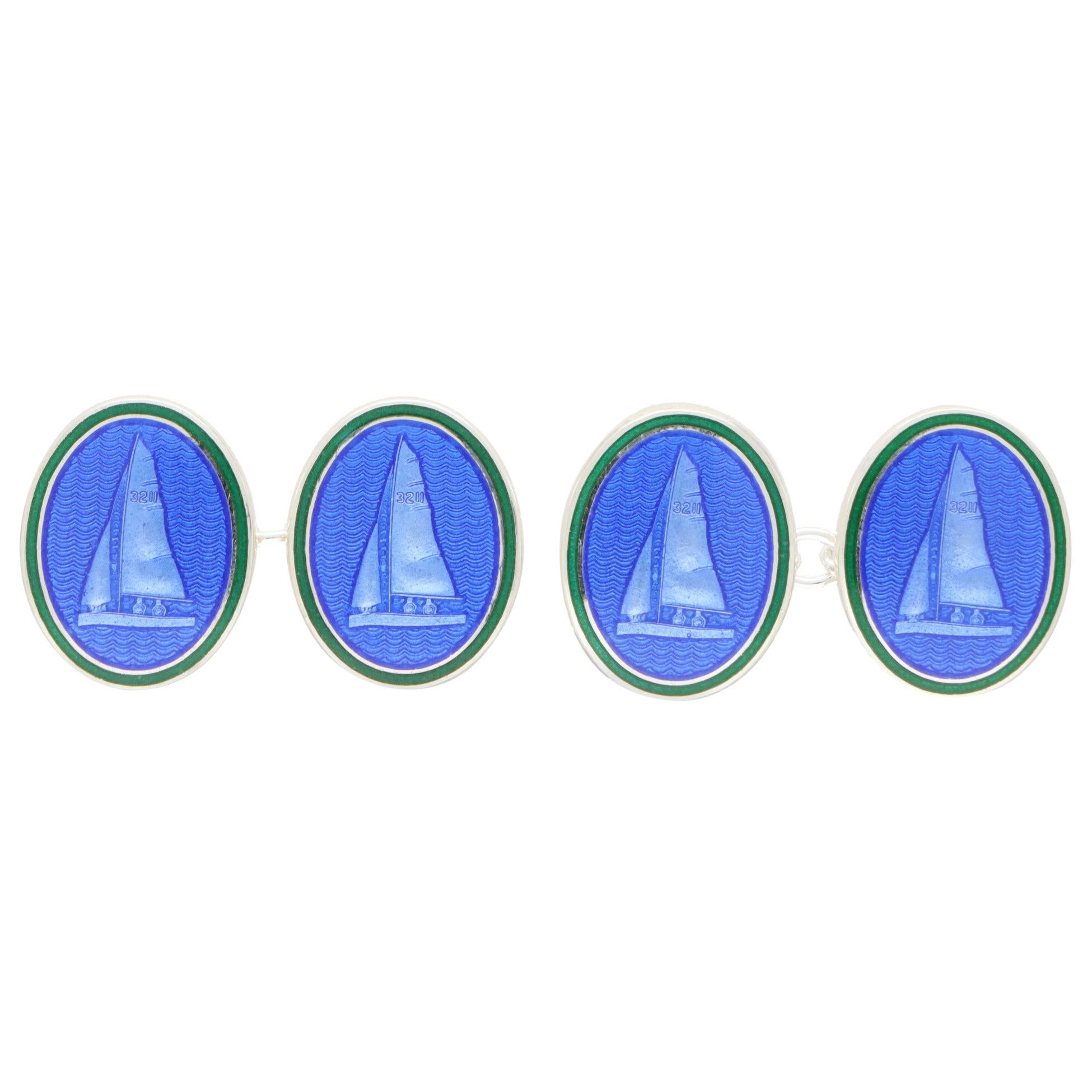 Blue and Green Enamel Yacht Sailing Cufflinks in British Sterling Silver