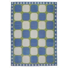 Blue and Green Geometric Design Modern Flatweave Handmade Wool Rug