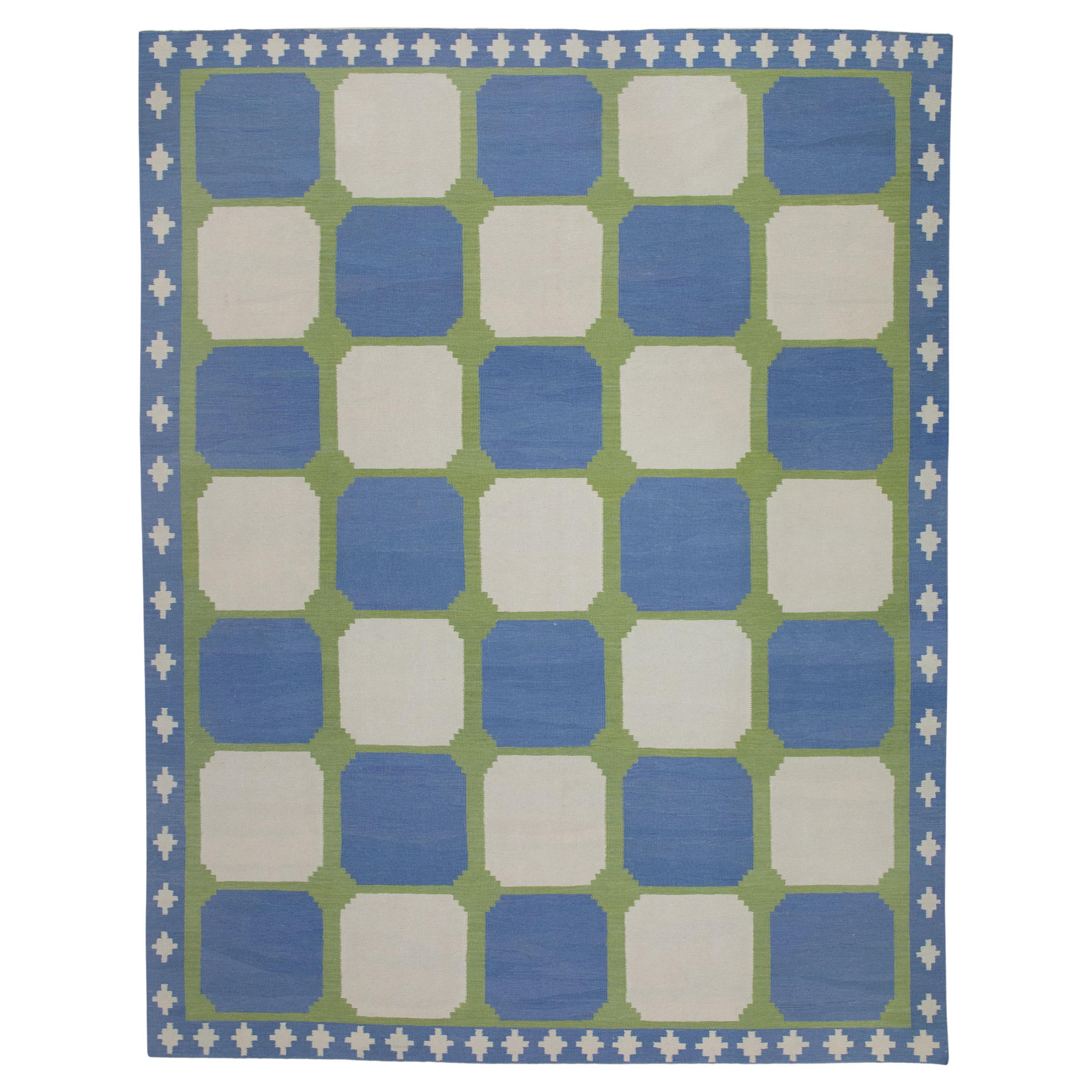 Blue and Green Geometric Design Modern Flatweave Handmade Wool Rug
