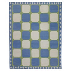 Blue and Green Geometric Design Modern Flatweave Handmade Wool Rug