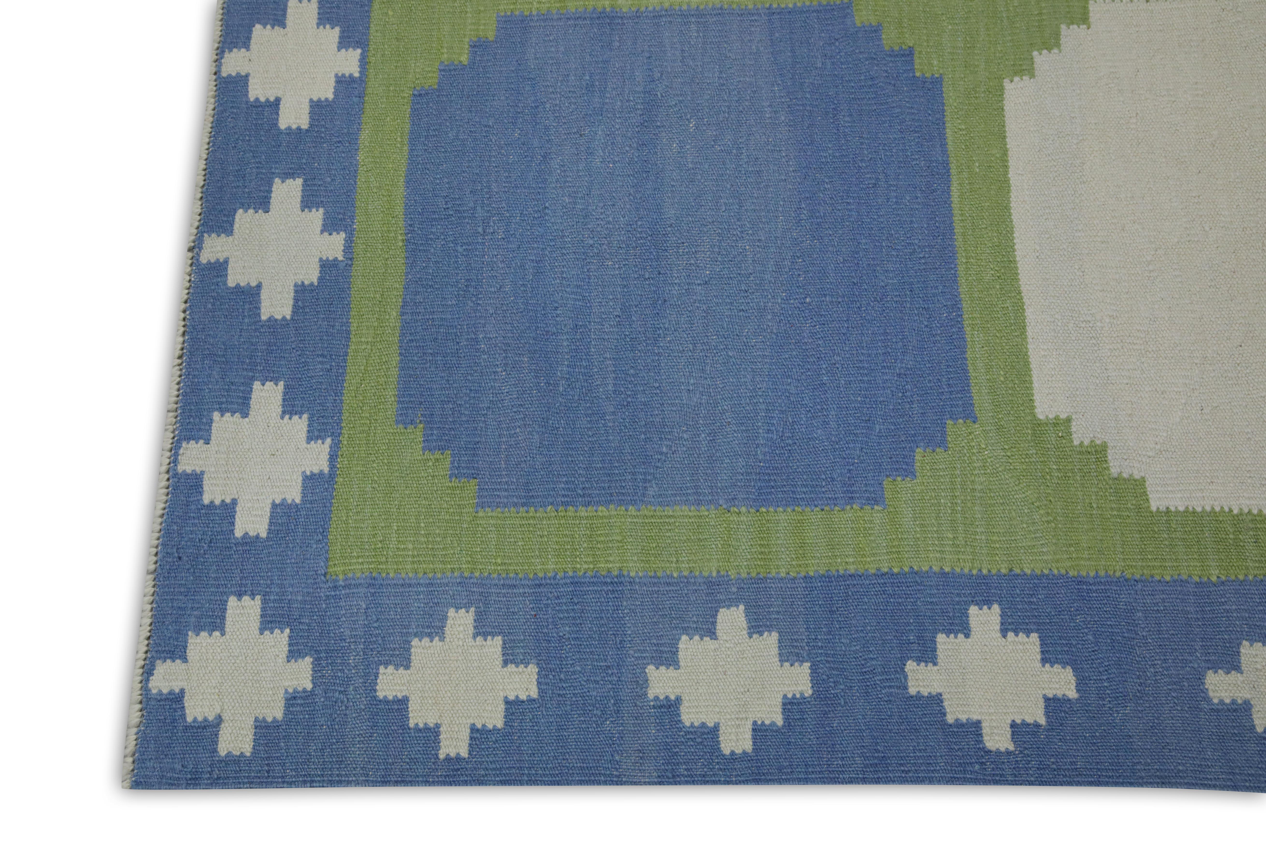 Kilim Blue and Green Geometric Design Modern Flatweave Handmade Wool Rug For Sale