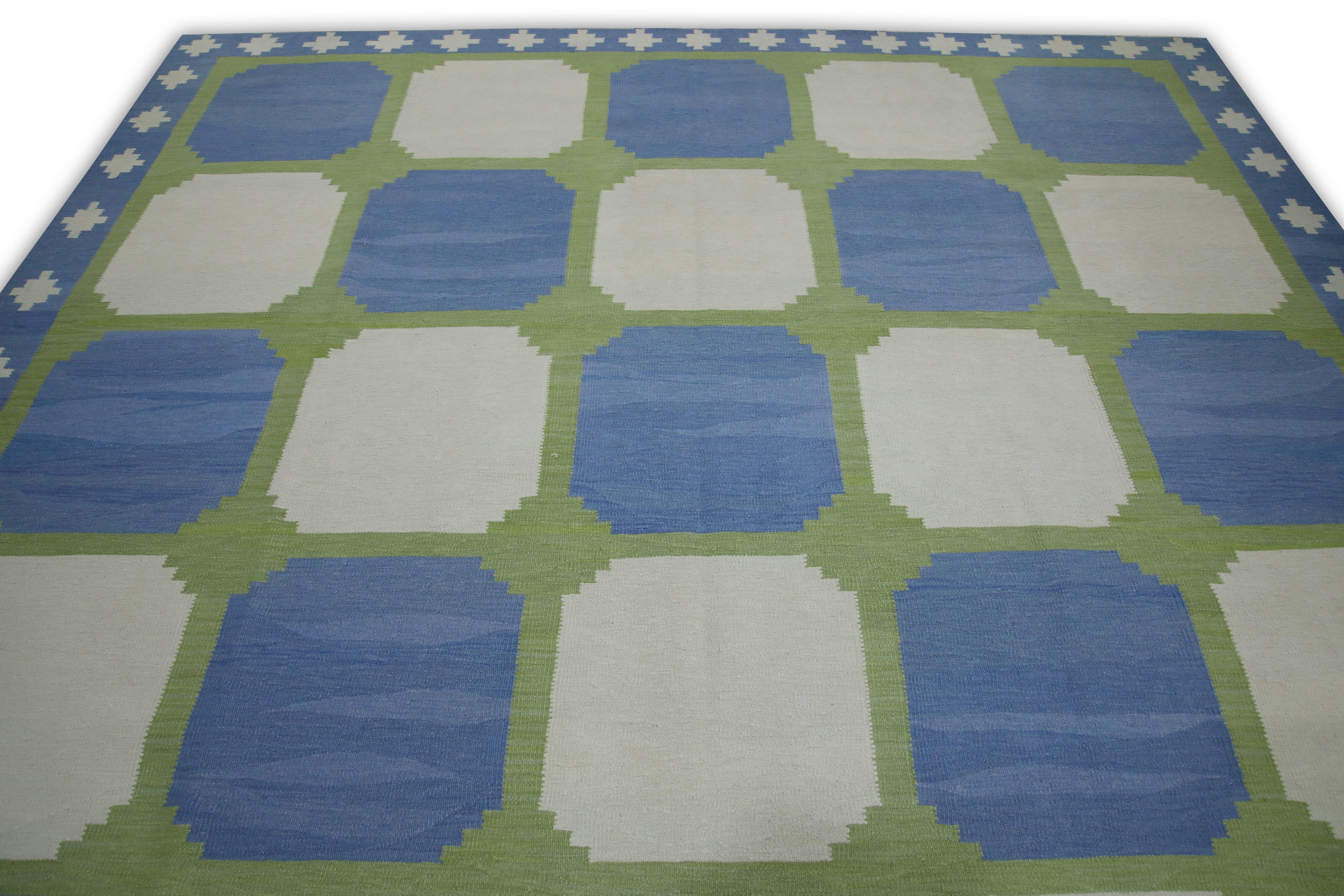 Turkish Blue and Green Geometric Design Modern Flatweave Handmade Wool Rug For Sale