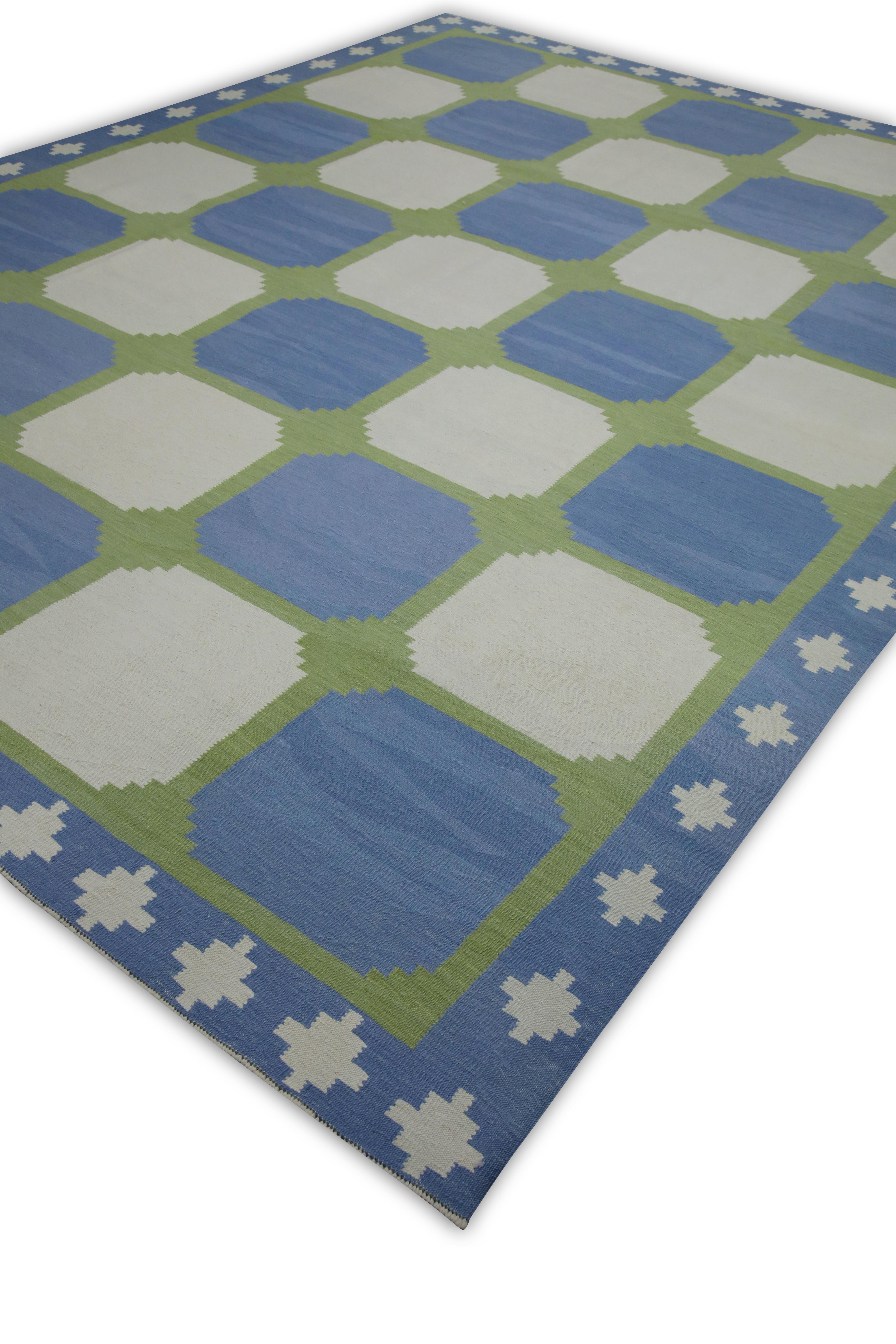 Hand-Woven Blue and Green Geometric Design Modern Flatweave Handmade Wool Rug For Sale