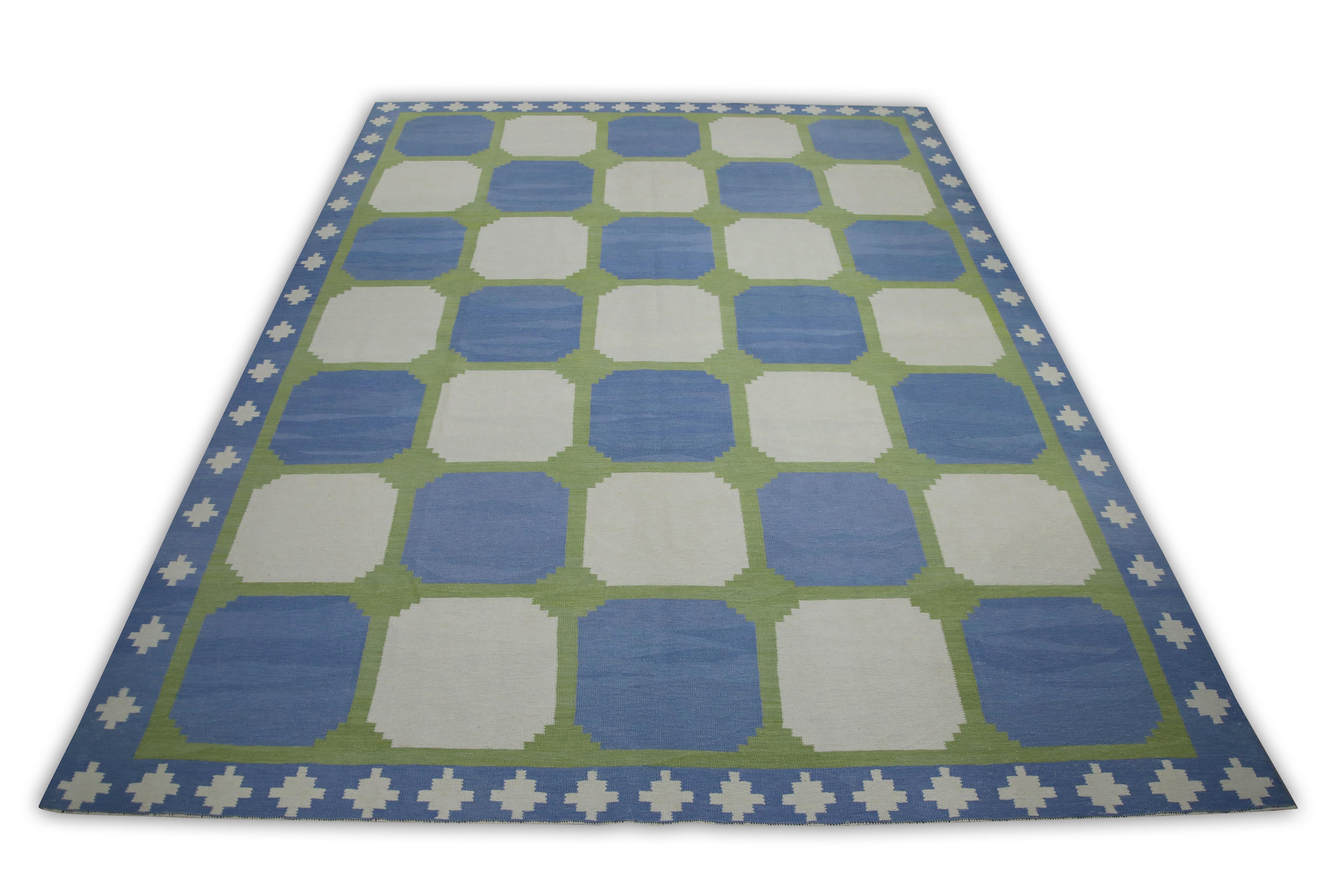Blue and Green Geometric Design Modern Flatweave Handmade Wool Rug In New Condition For Sale In Houston, TX