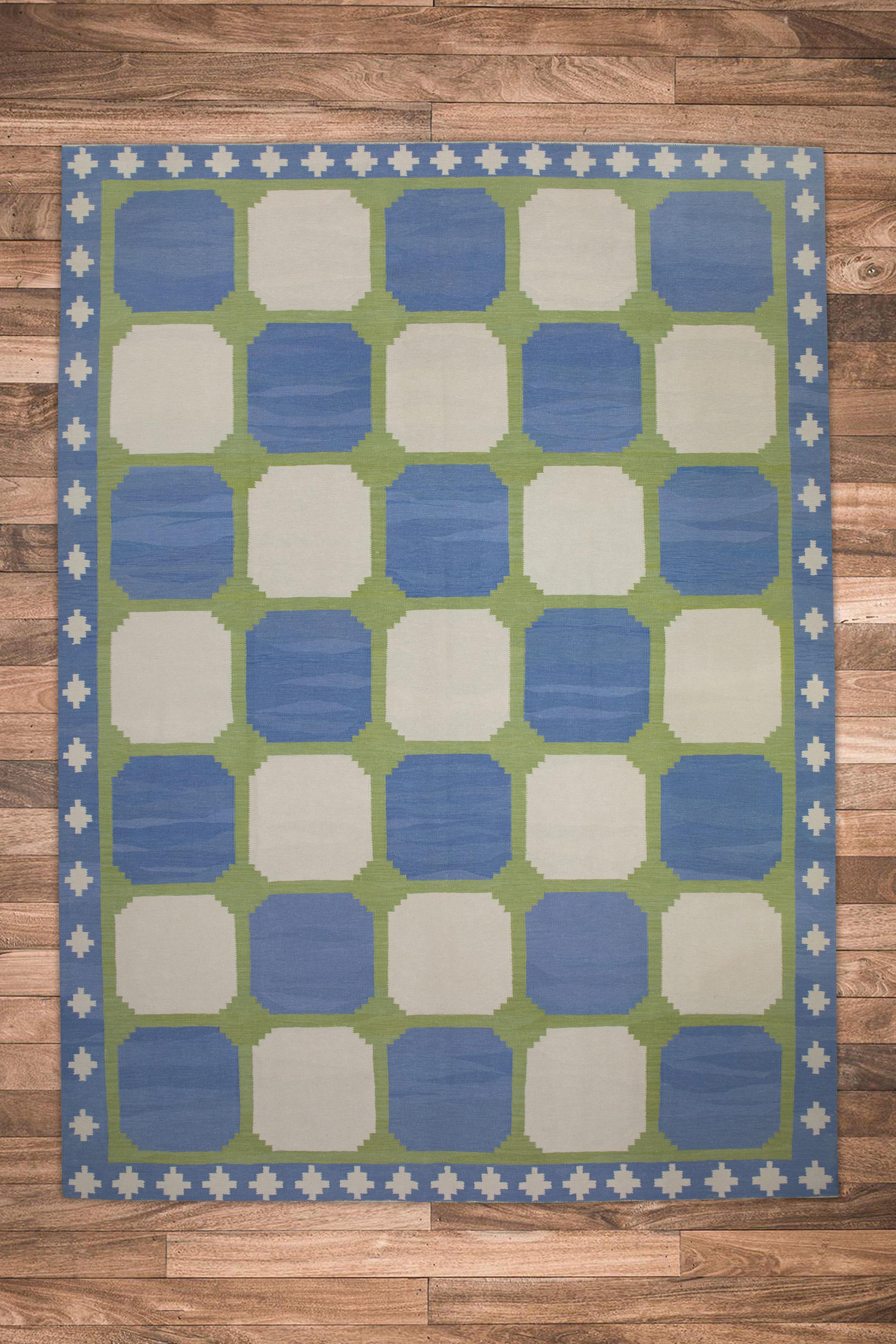 Contemporary Blue and Green Geometric Design Modern Flatweave Handmade Wool Rug For Sale
