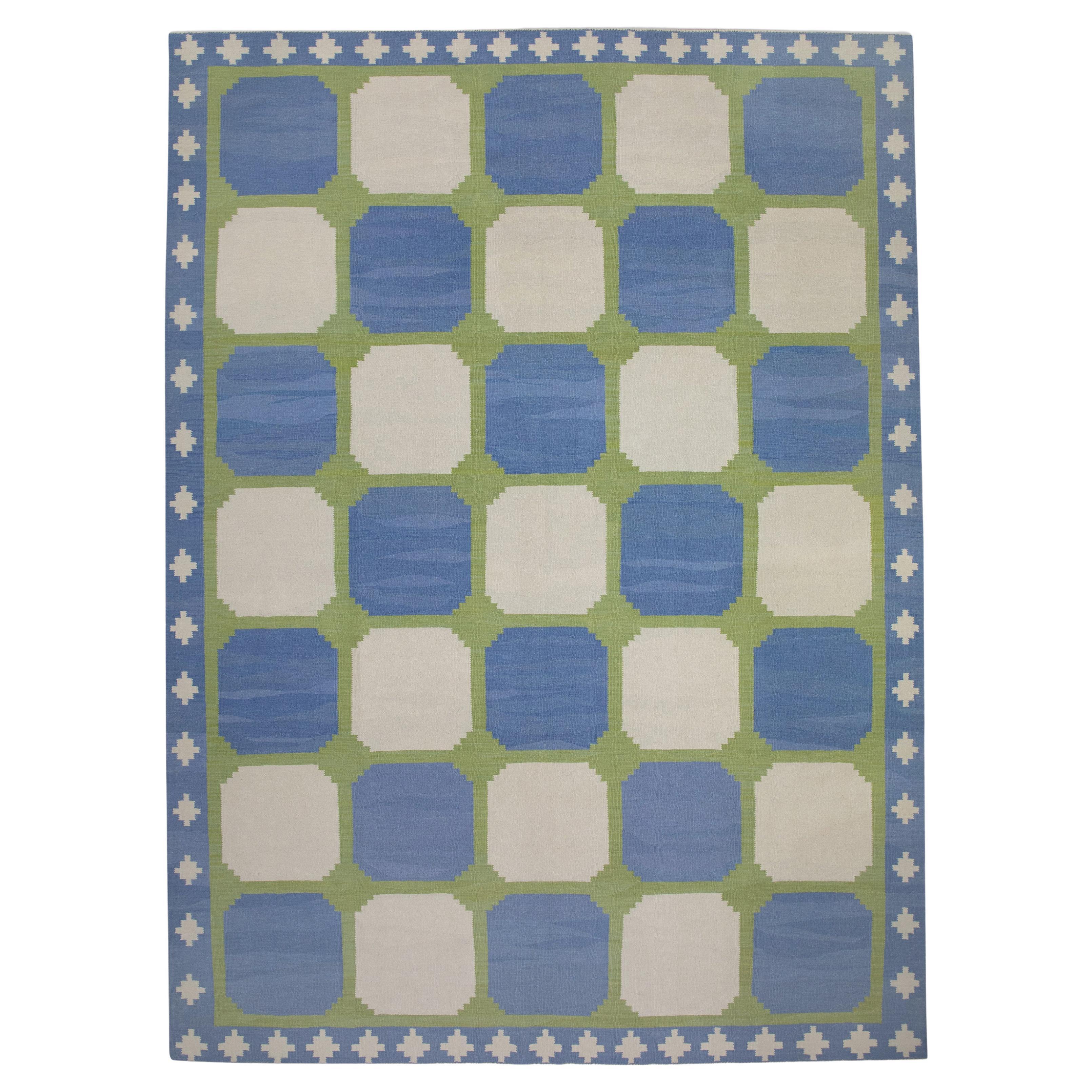 Blue and Green Geometric Design Modern Flatweave Handmade Wool Rug For Sale