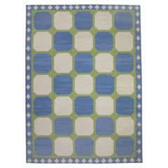 Tapis moderne en laine à motifs géométriques bleus et verts tissé à la main 9'6" x 12'3".
