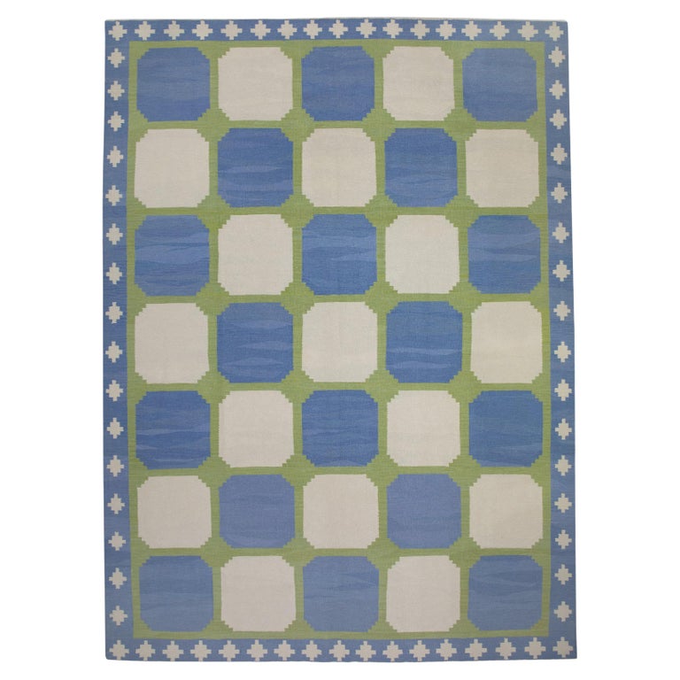 Blue and Green Geometric Design Modern Flatweave Handmade Wool Rug For ...