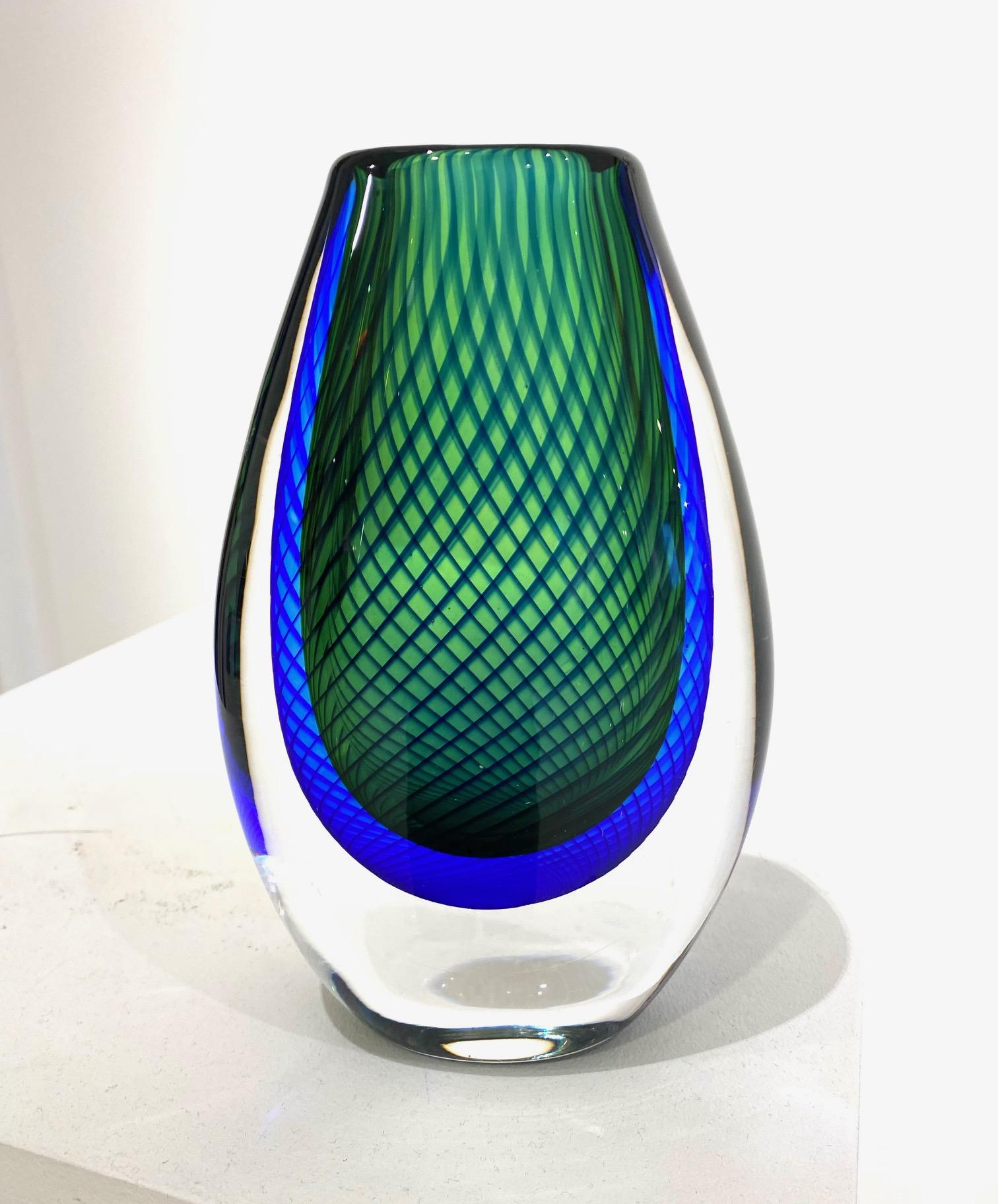 Swedish Blue and Green Glass Vase by Vicki Lindstrand for Kosta Boda. For Sale