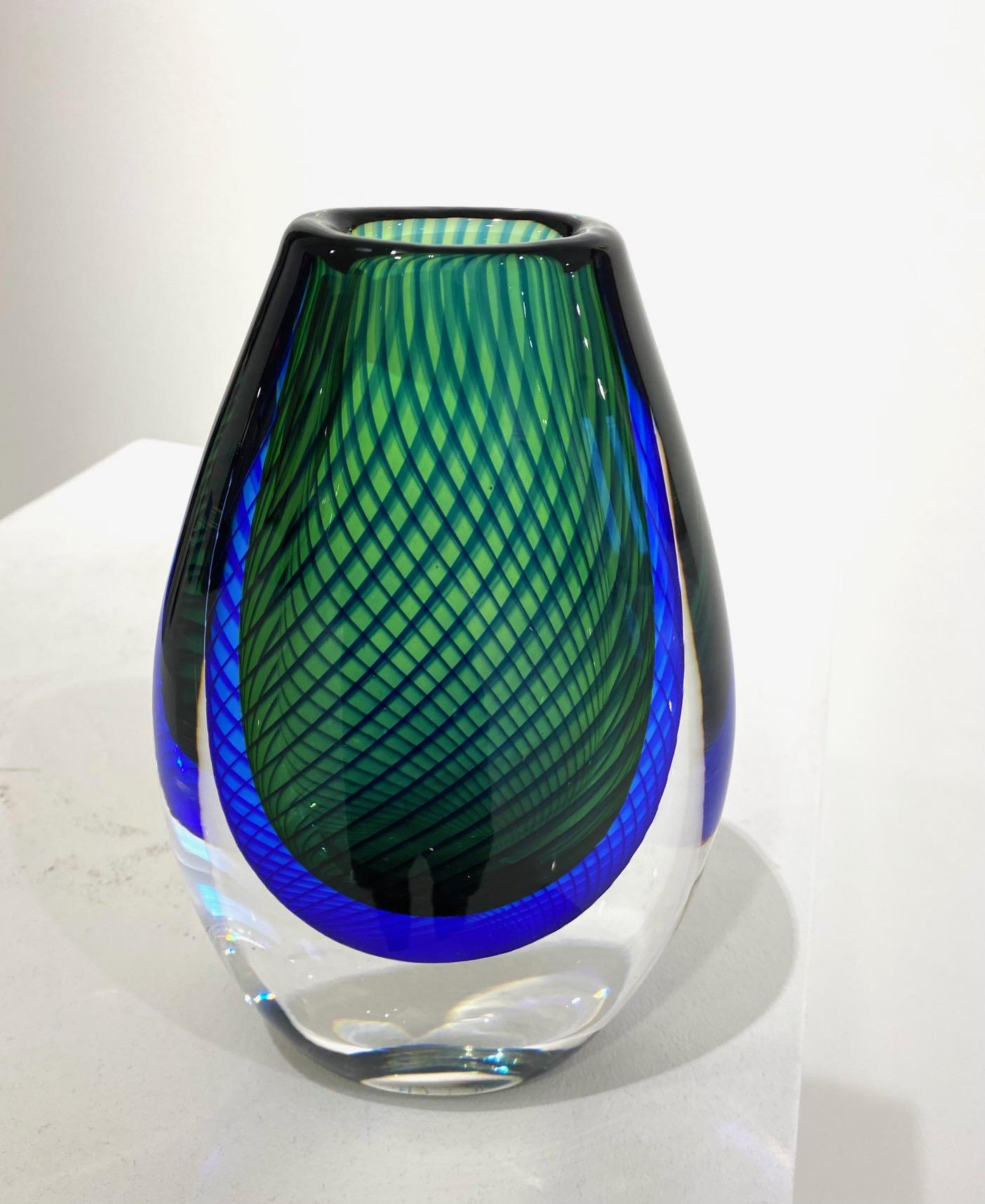 Mid-20th Century Blue and Green Glass Vase by Vicki Lindstrand for Kosta Boda. For Sale