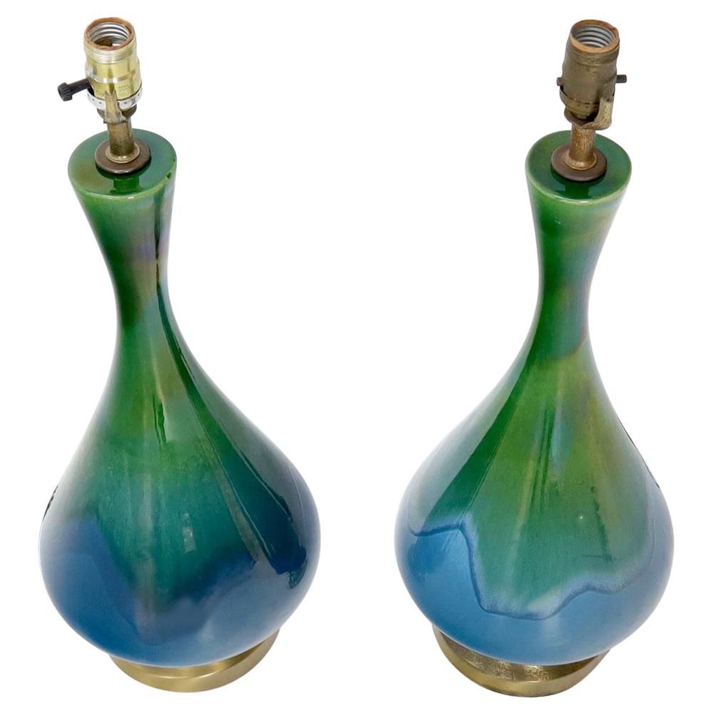 Blue and Green Glaze Onion Shape Pair of Pottery Ceramic of Table Lamps