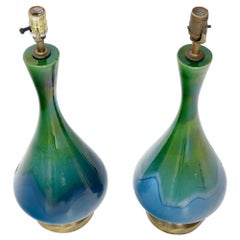 Vintage Blue and Green Glaze Onion Shape Pair of Pottery Ceramic of Table Lamps
