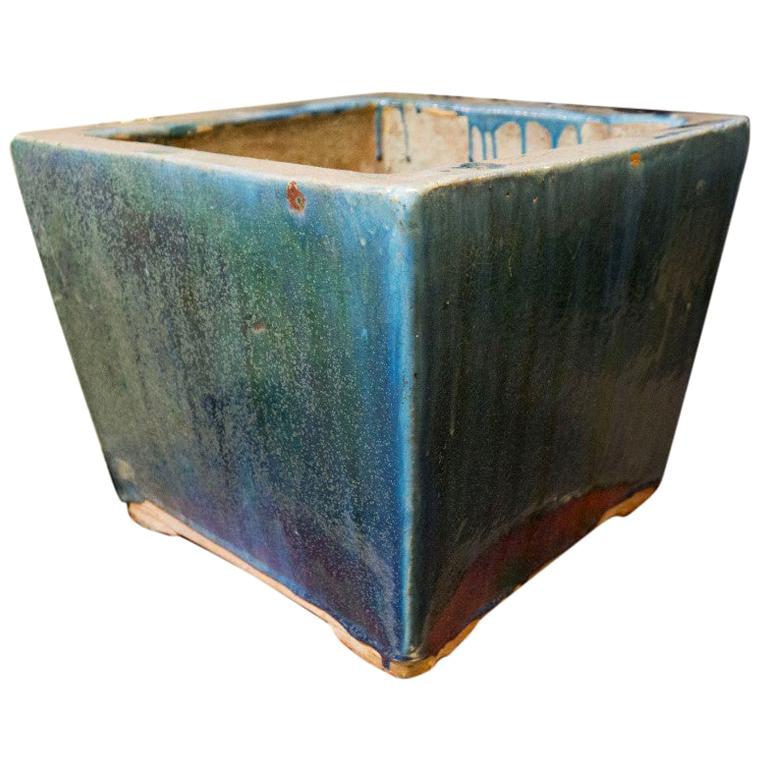 Blue and Green Glazed 20th Century Square Planter For Sale