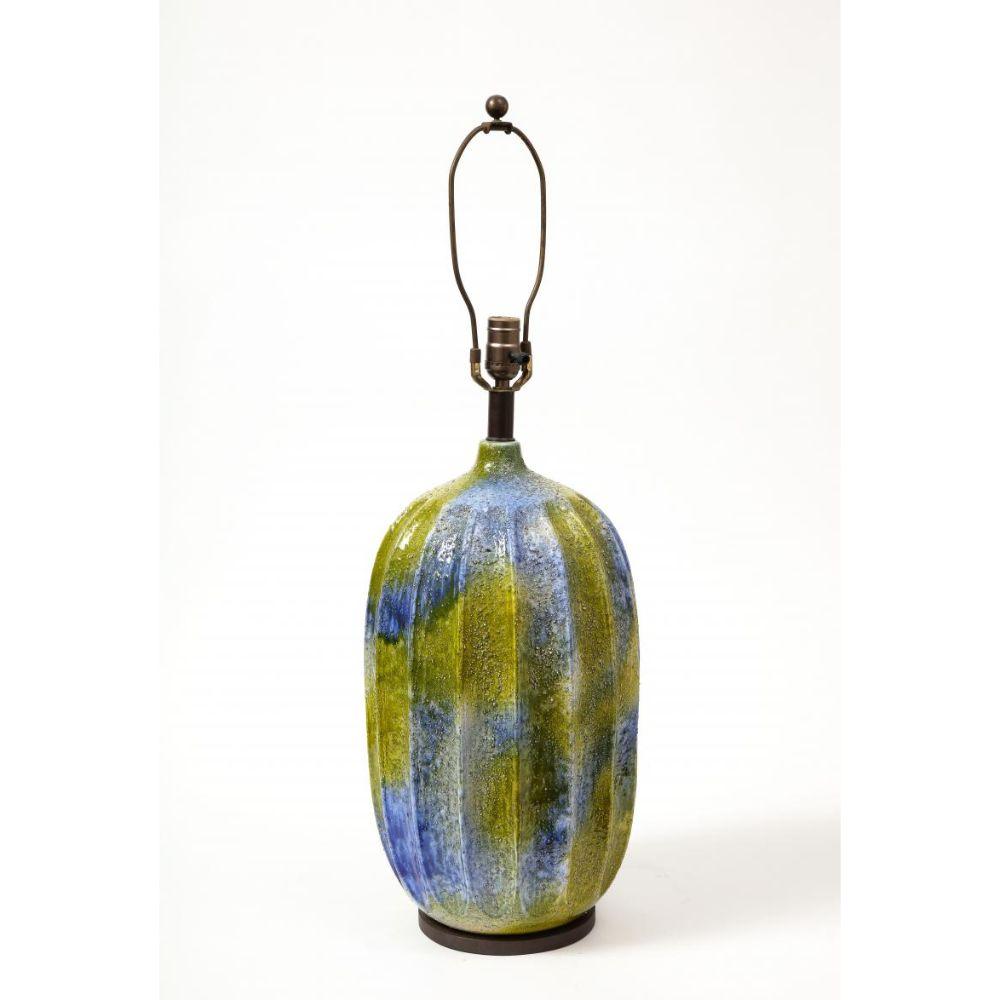 Modern Blue and Green Glazed Ceramic Lamp, France, c. 1950 For Sale