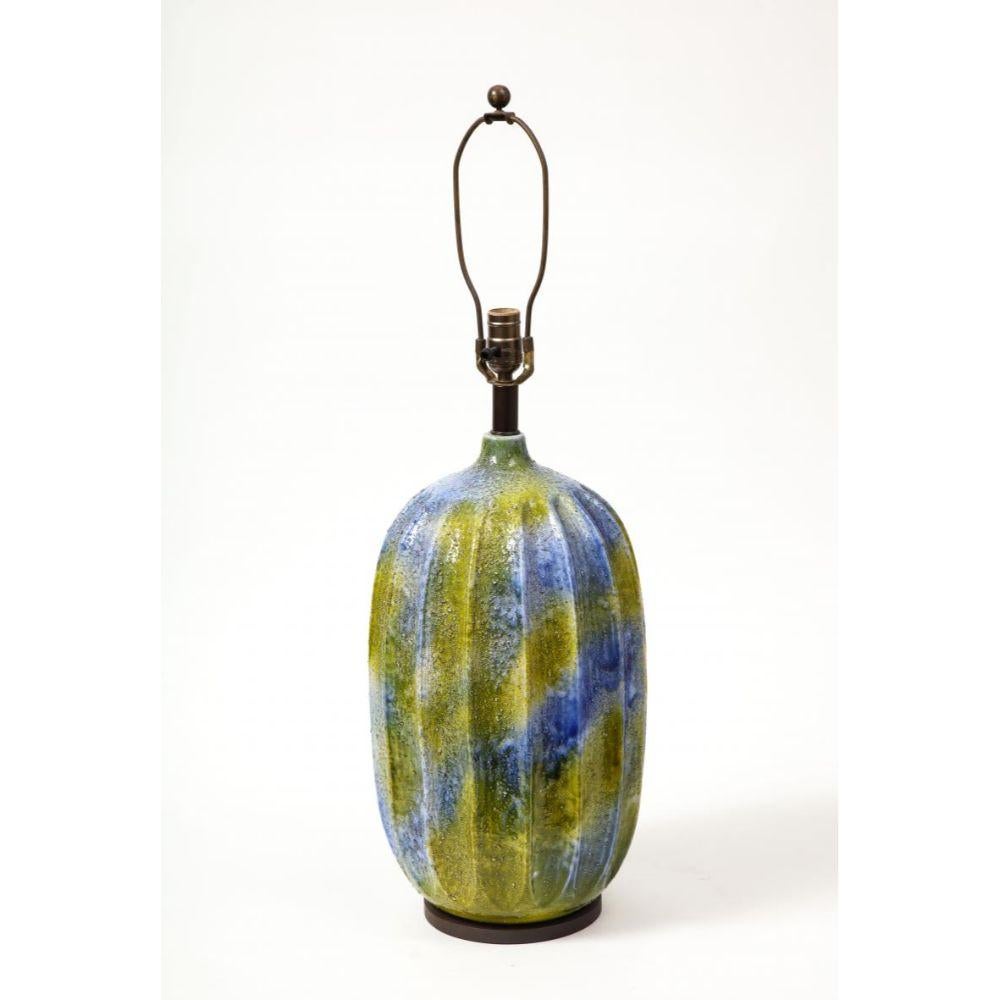 American Blue and Green Glazed Ceramic Lamp, France, c. 1950 For Sale
