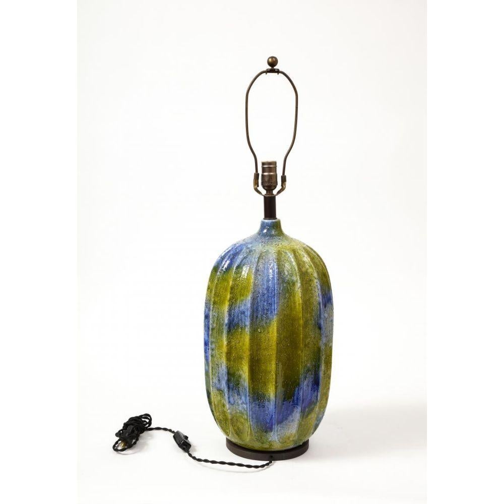 Blue and Green Glazed Ceramic Lamp, France, c. 1950 In Excellent Condition For Sale In New York City, NY