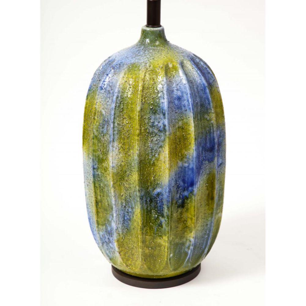 20th Century Blue and Green Glazed Ceramic Lamp, France, c. 1950 For Sale