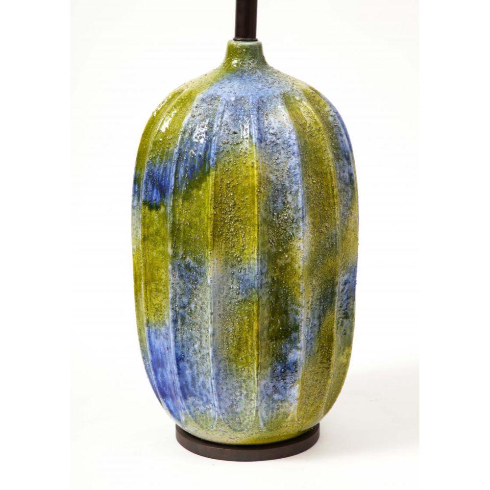 Blue and Green Glazed Ceramic Lamp, France, c. 1950 For Sale 1