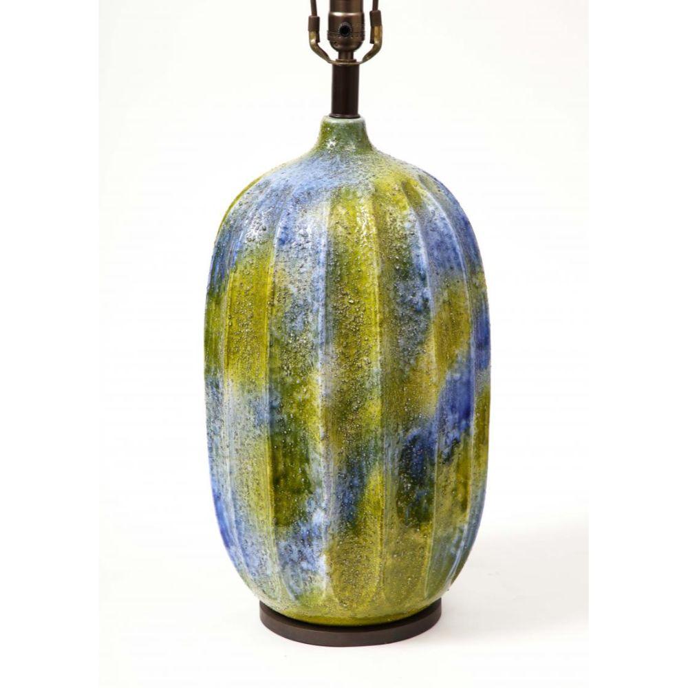 Blue and Green Glazed Ceramic Lamp, France, c. 1950 For Sale 2