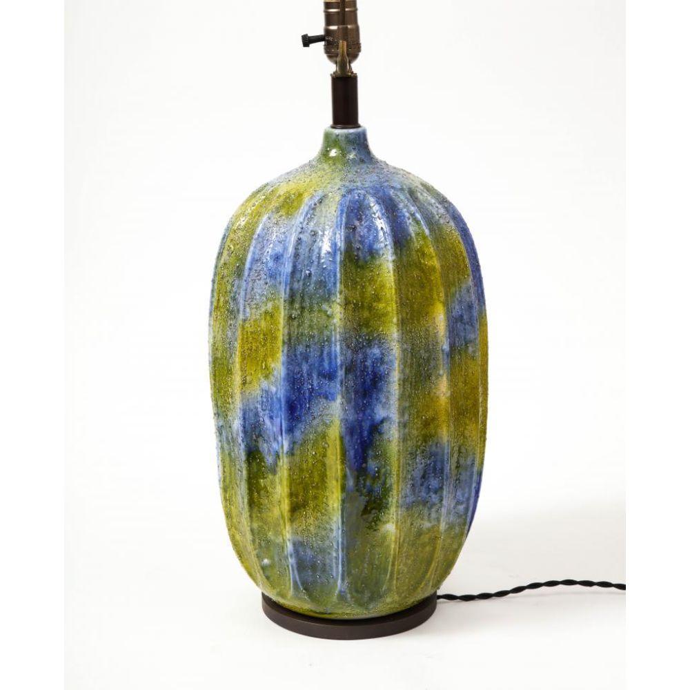Blue and Green Glazed Ceramic Lamp, France, c. 1950 For Sale 3