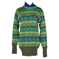 Maglione jacquard blu e verde con borchie dorate Yves Saint Laurent Rive Gauche