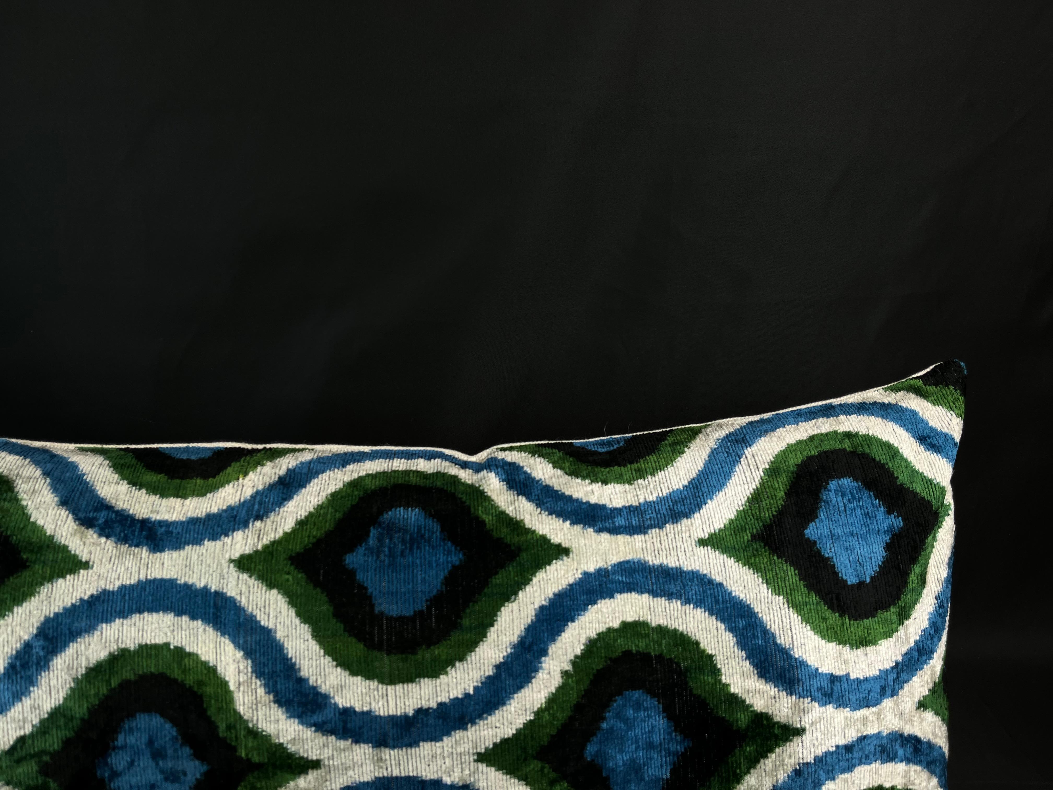 Modern Blue and Green Lumbar Velvet Silk Ikat Pillow Cover