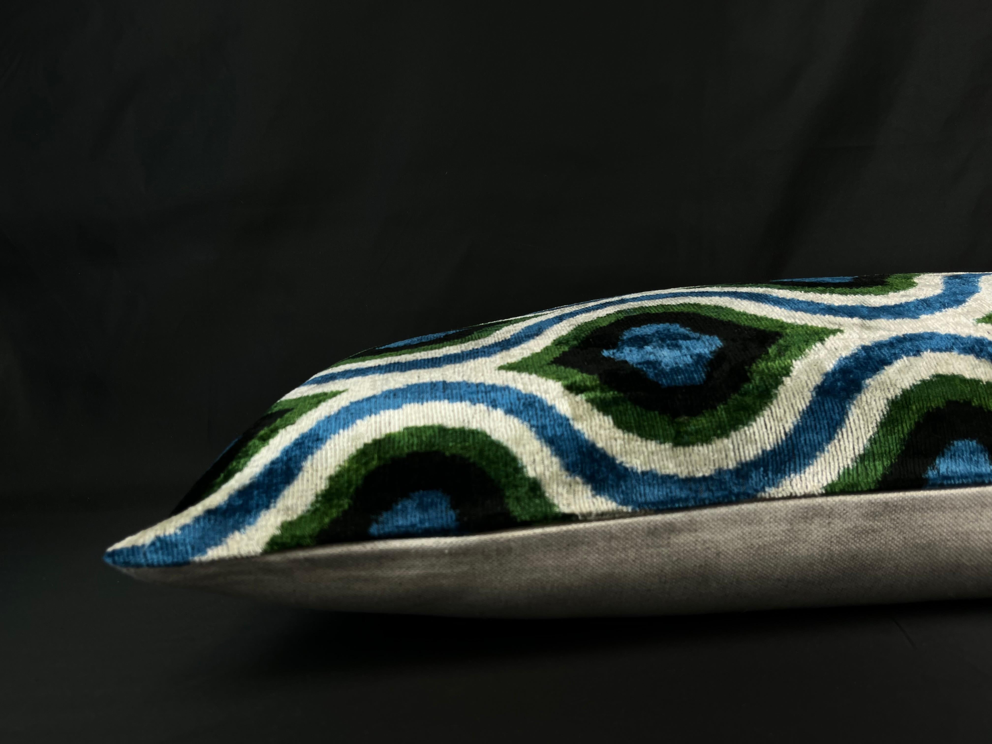 Turkish Blue and Green Lumbar Velvet Silk Ikat Pillow Cover